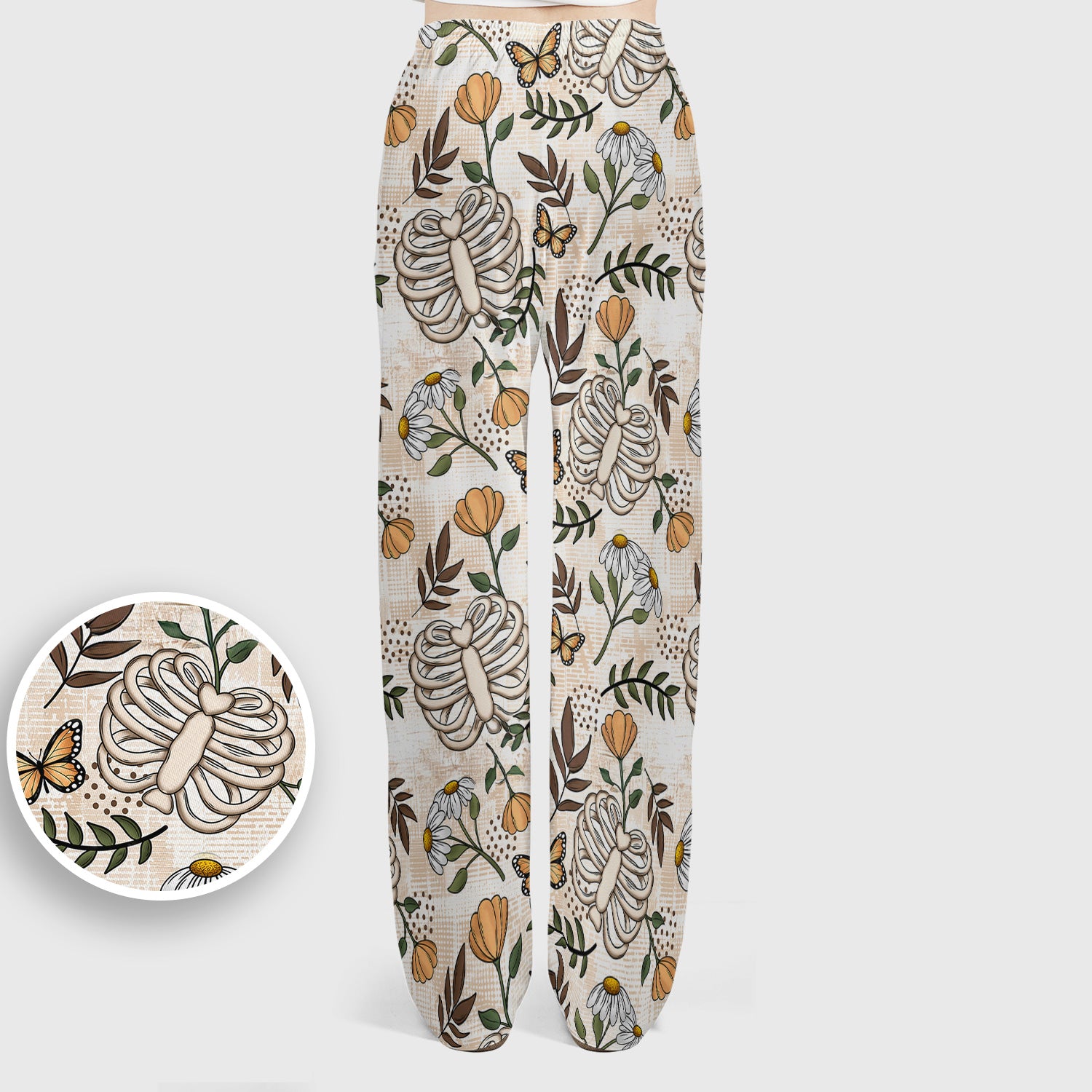 Skeleton Ribcage With Daisy And Butterfly Floral Scrub Set, Scrub Pants and V Neck Top