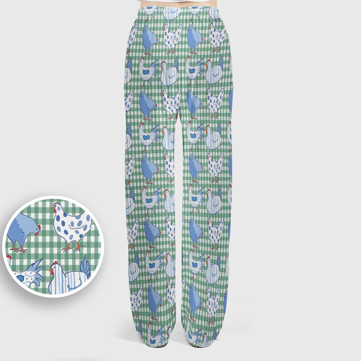 Blue Chicken Gingham Pattern Scrub Set, Scrub Pants and V Neck Top