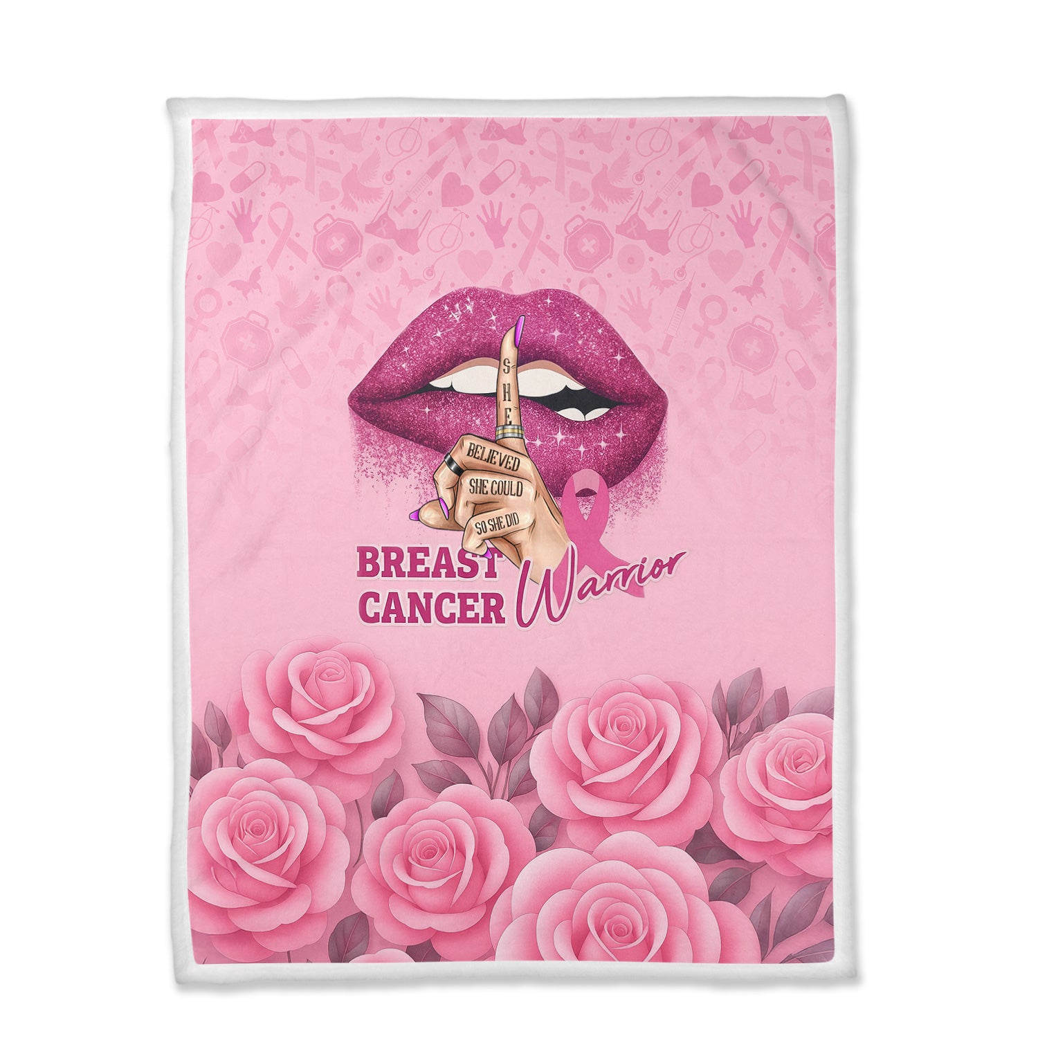 Custom Breast Cancer Awareness Floral Blanket - Warrior Quote & Rose Pattern Graphic - Gift for RN LPN CNA