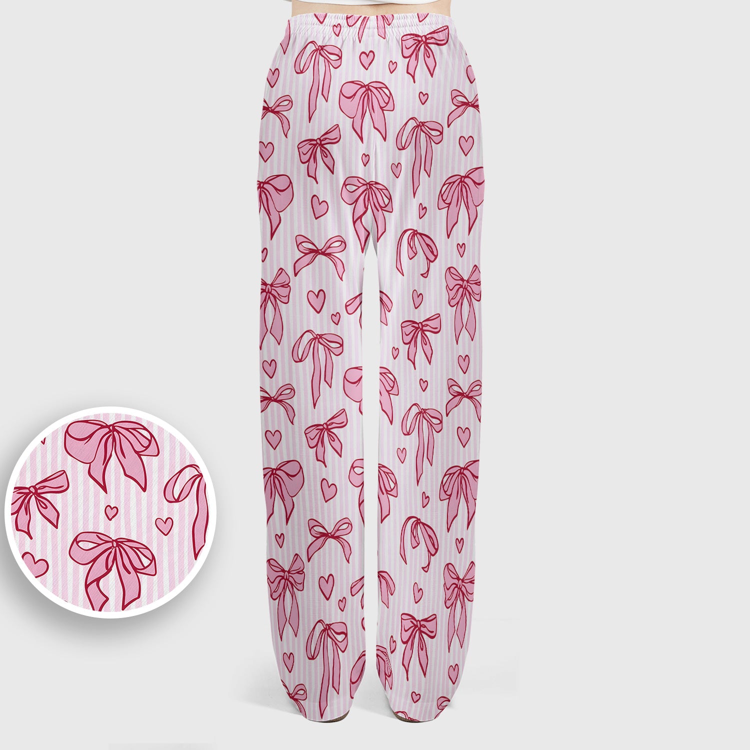 Pink Bow Heart Stripe Pattern Scrub Set, Scrub Pants and V Neck Top