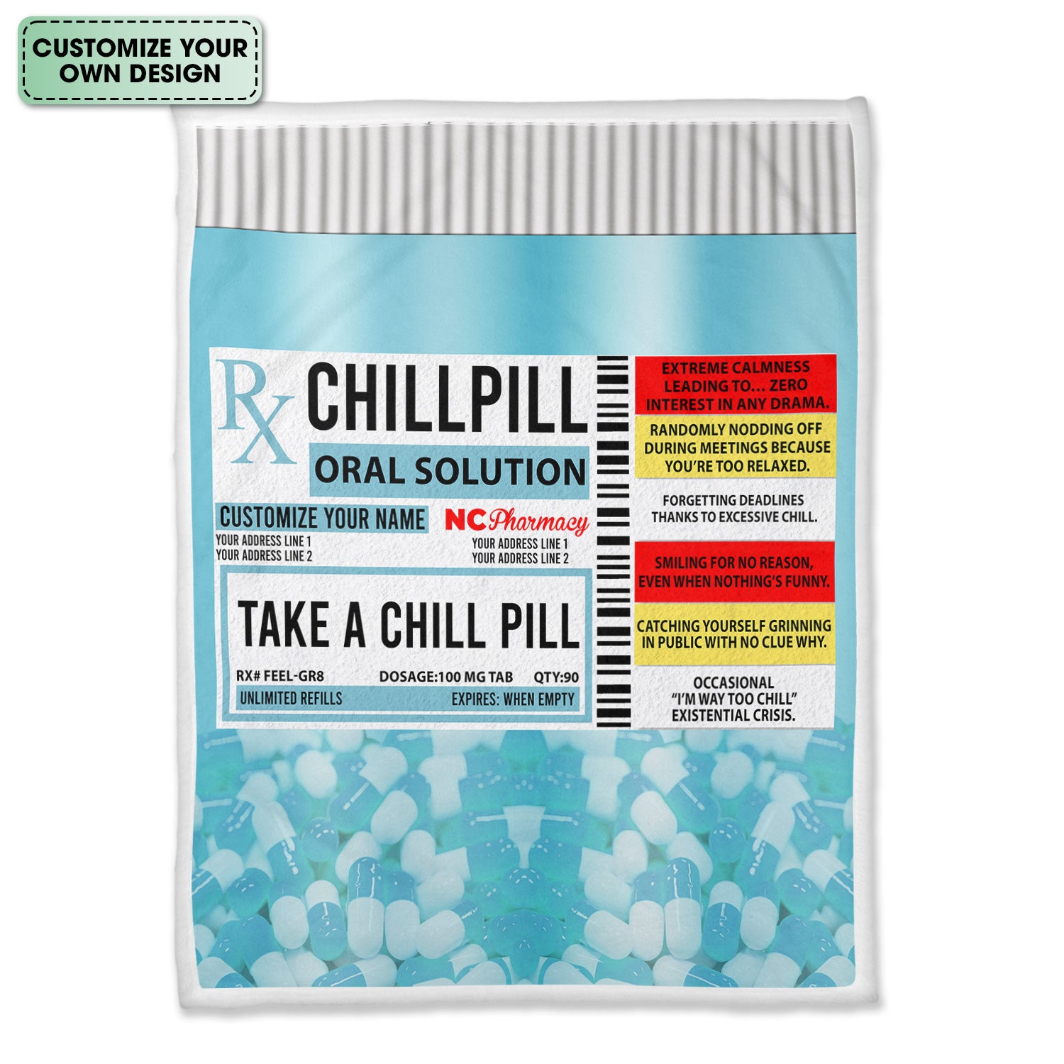 Personalized Funny Chill Pill Blanket for Nurses - Prescription Label Design with Custom Name - Hilarious Gift for RN LPN Doctors