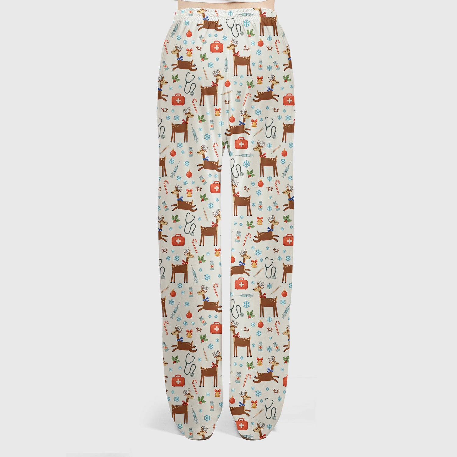 Reindeer Christmas Scrub Set - Snowflakes Candy Canes Holiday Scrubs Pants and V Neck Top - Xmas Gift for Women RN CNA LPN