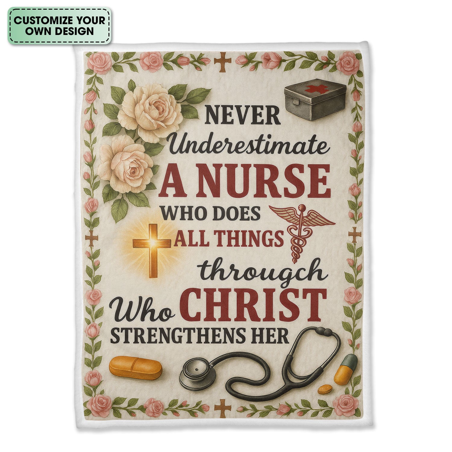 Faith-Based Nurse Blanket - Never Underestimate a Nurse Through Christ Design - Religious Gift for RN CNA LPN Women Healthcare Workers