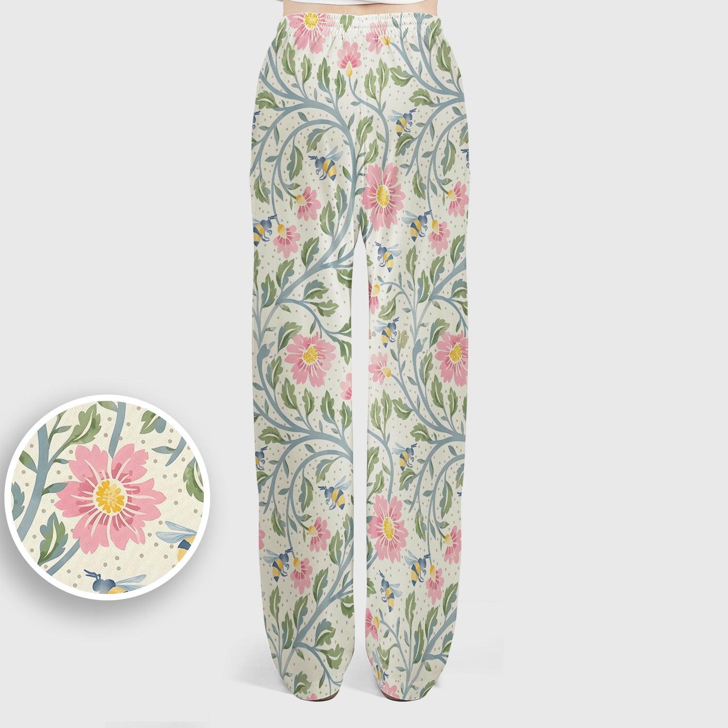 Cute Floral Bee Garden Nurse Pattern Scrub Set, Scrub Pants and V Neck Top