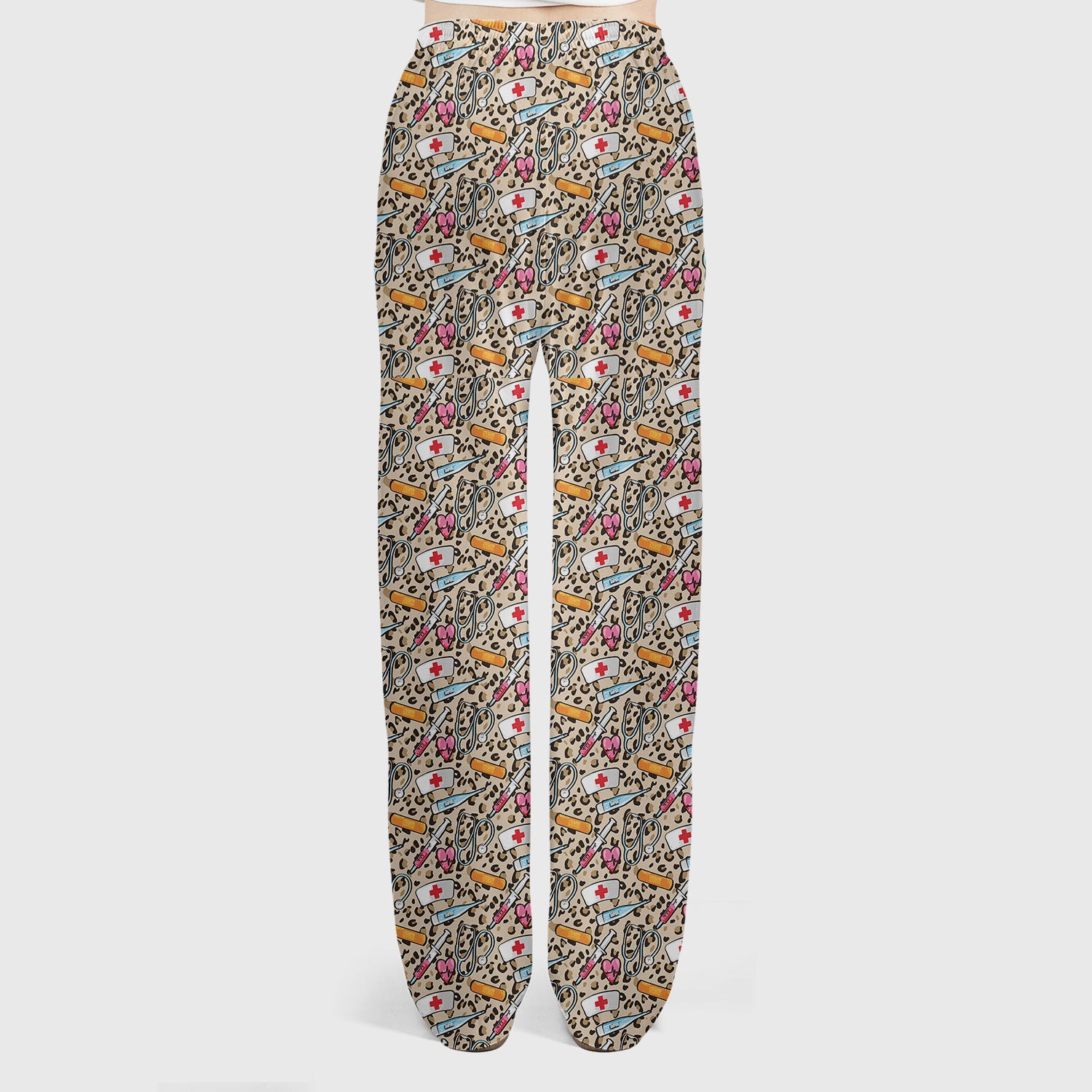 Leopard Medical Tools Pink Heart Print Scrub Set, Scrub Pants and V Neck Top