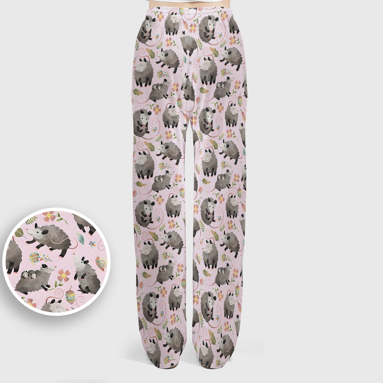 Cute Opossum Playing Flower Garden Pattern Scrub Set, Scrub Pants and V Neck Top