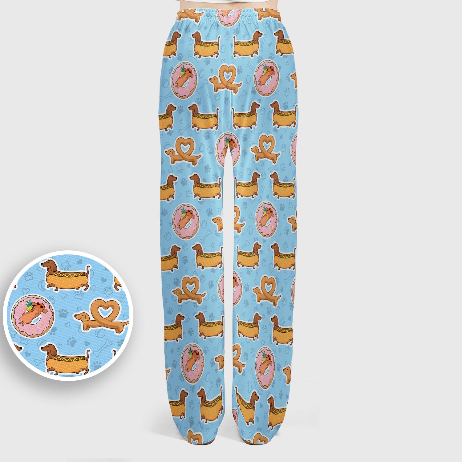 Cute Dachshund Donut Heart Pattern Scrub Set, Scrub Pants and V Neck Top