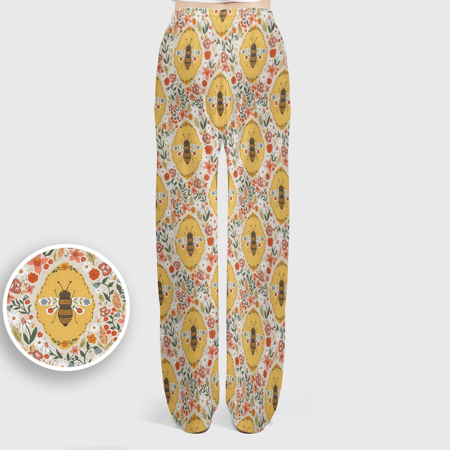 Vintage Honeybee Floral Garden Pattern Nurse Scrub Set, Scrub Pants and V Neck Top