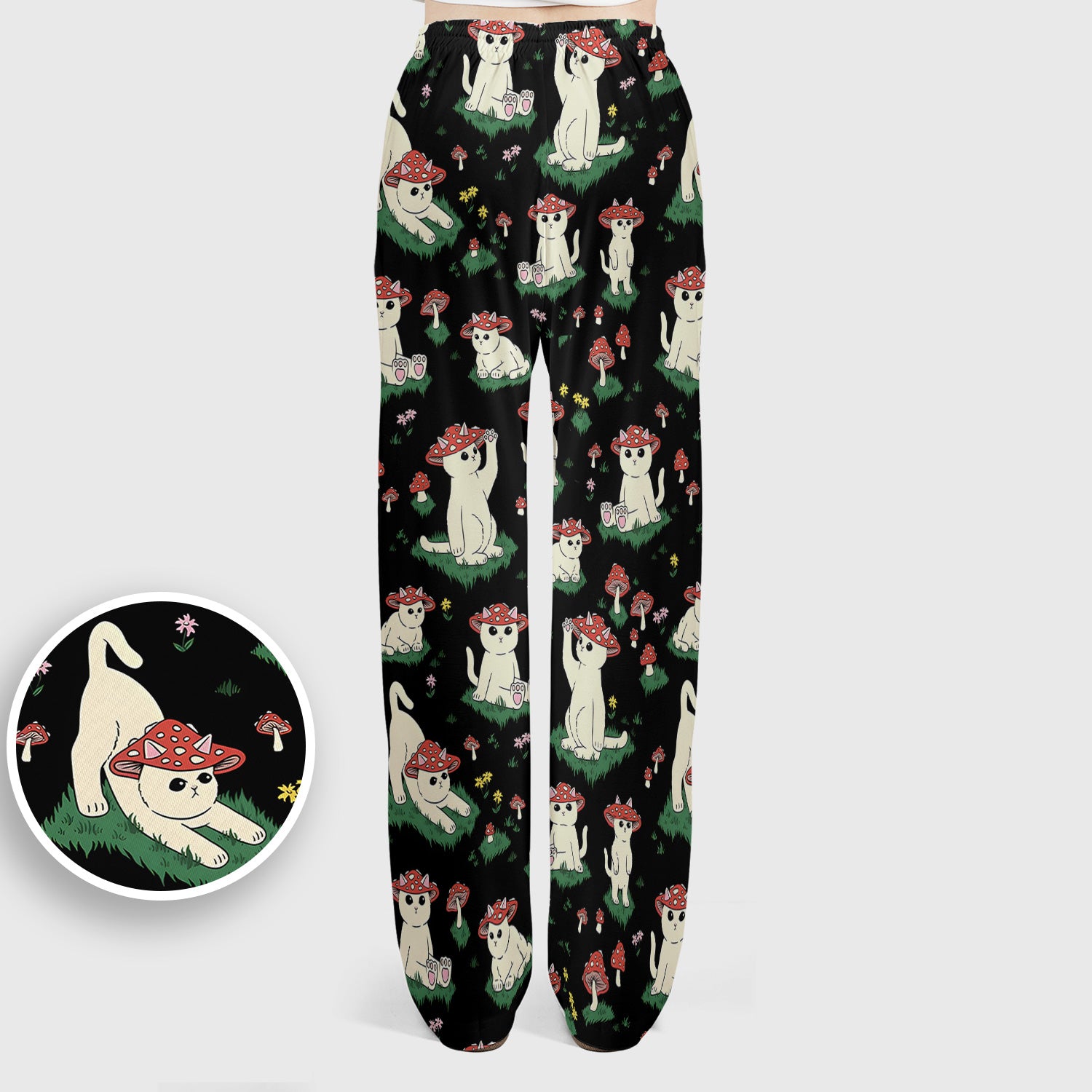 Cute Mushroom Cat Pattern Scrub Set, Scrub Pants and V Neck Top