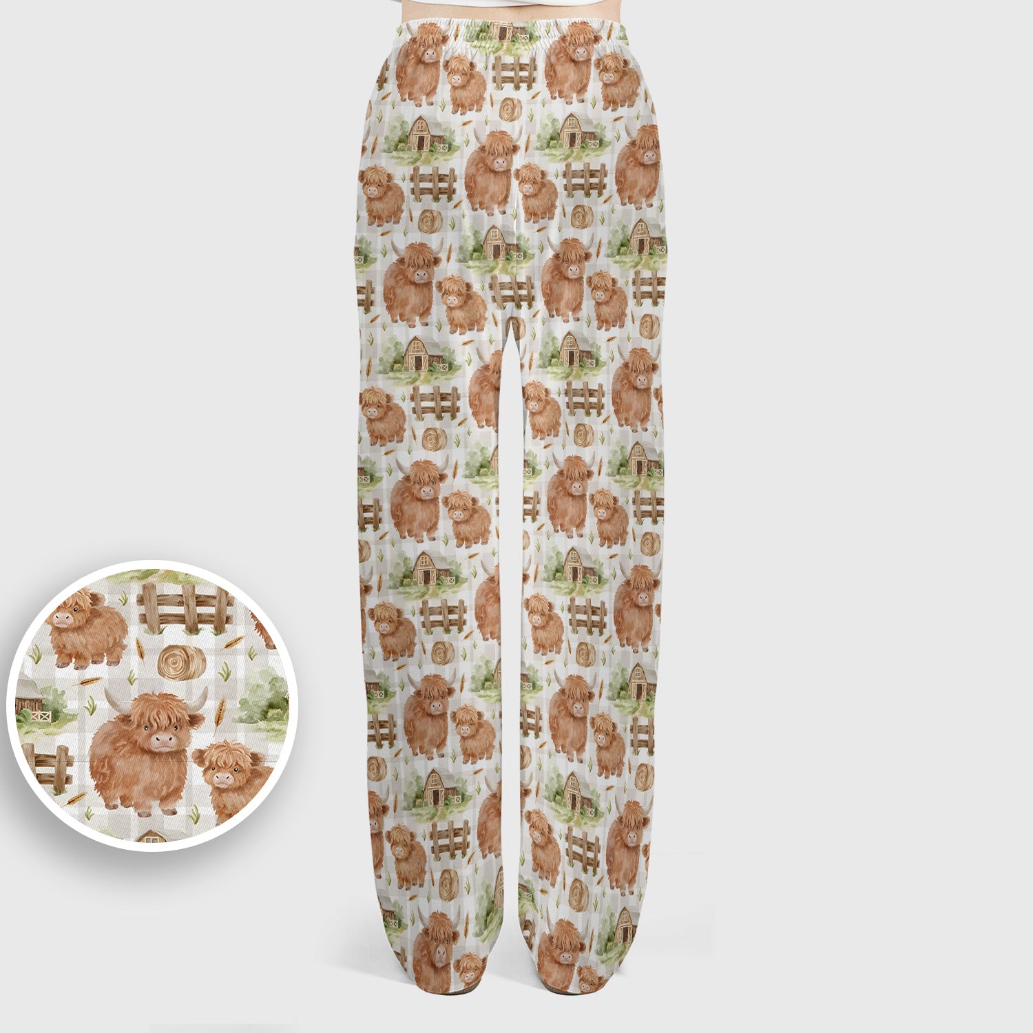 Cute Highland Cow With Farm Barn Fence Scrub Set, Scrub Pants and V Neck Top