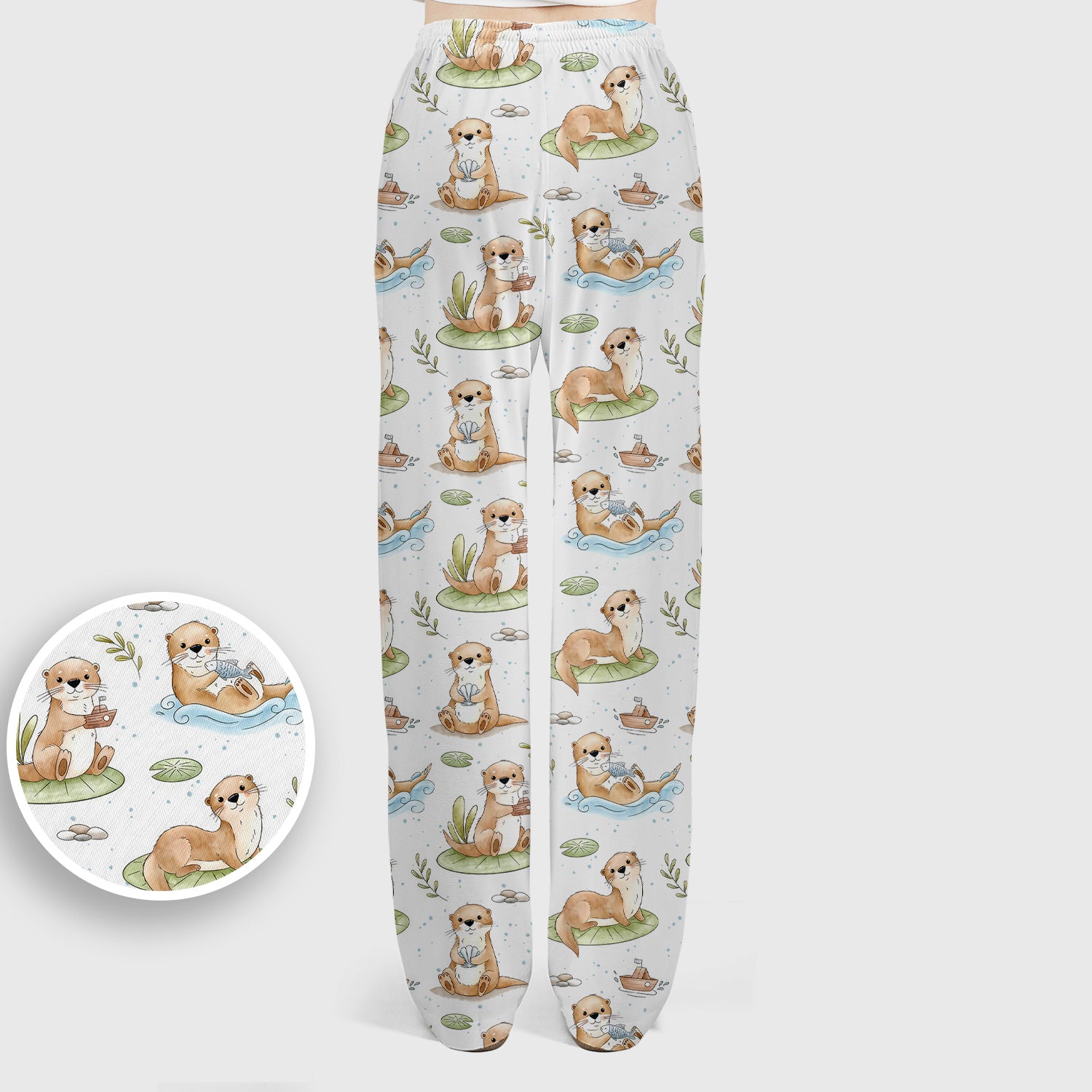 Cute Otter With Lily Pad Pattern Scrub Set, Scrub Pants and V Neck Top