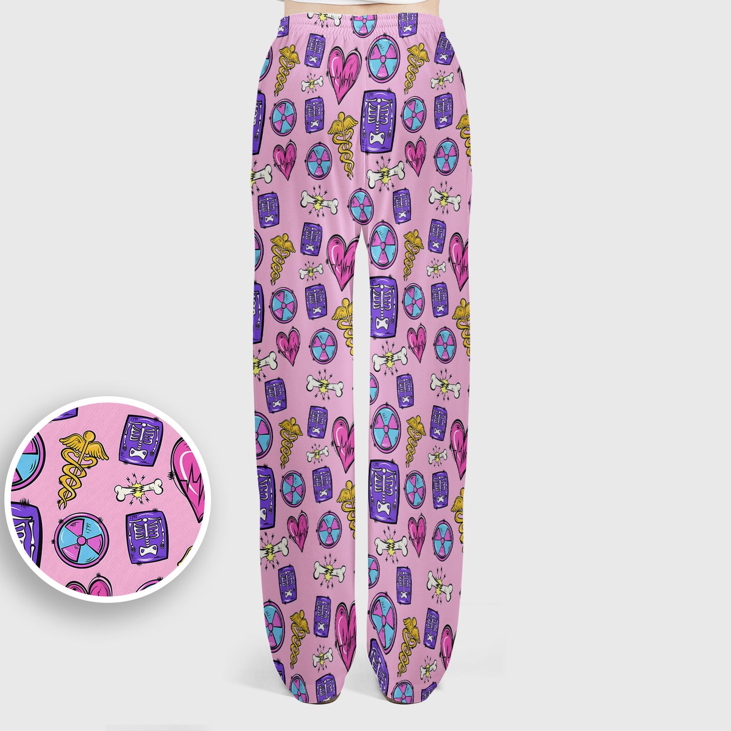 Sassy Nurse Heart Bone Caduceus Xray Icon Print Scrub Set, Scrub Pants and V Neck Top