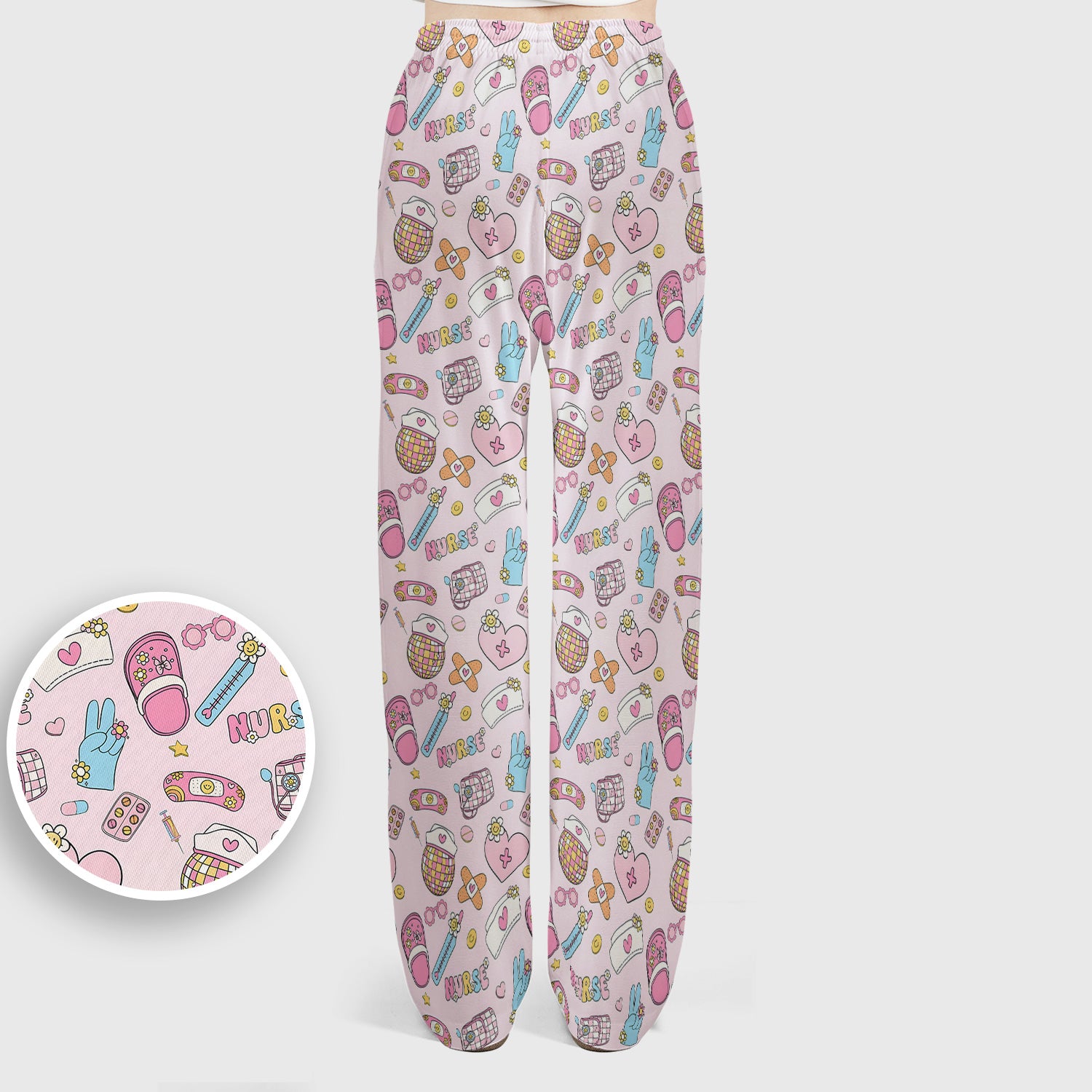 Cute Nurse Pink Medical Tools Pattern Scrub Set, Scrub Pants and V Neck Top