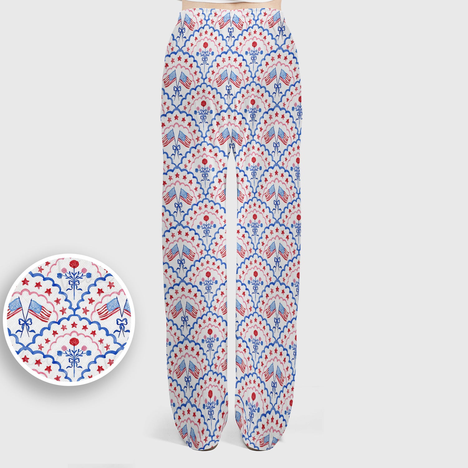 Patriotic Scallop Star Flag Floral Pattern Scrub Set, Scrub Pants and V Neck Top
