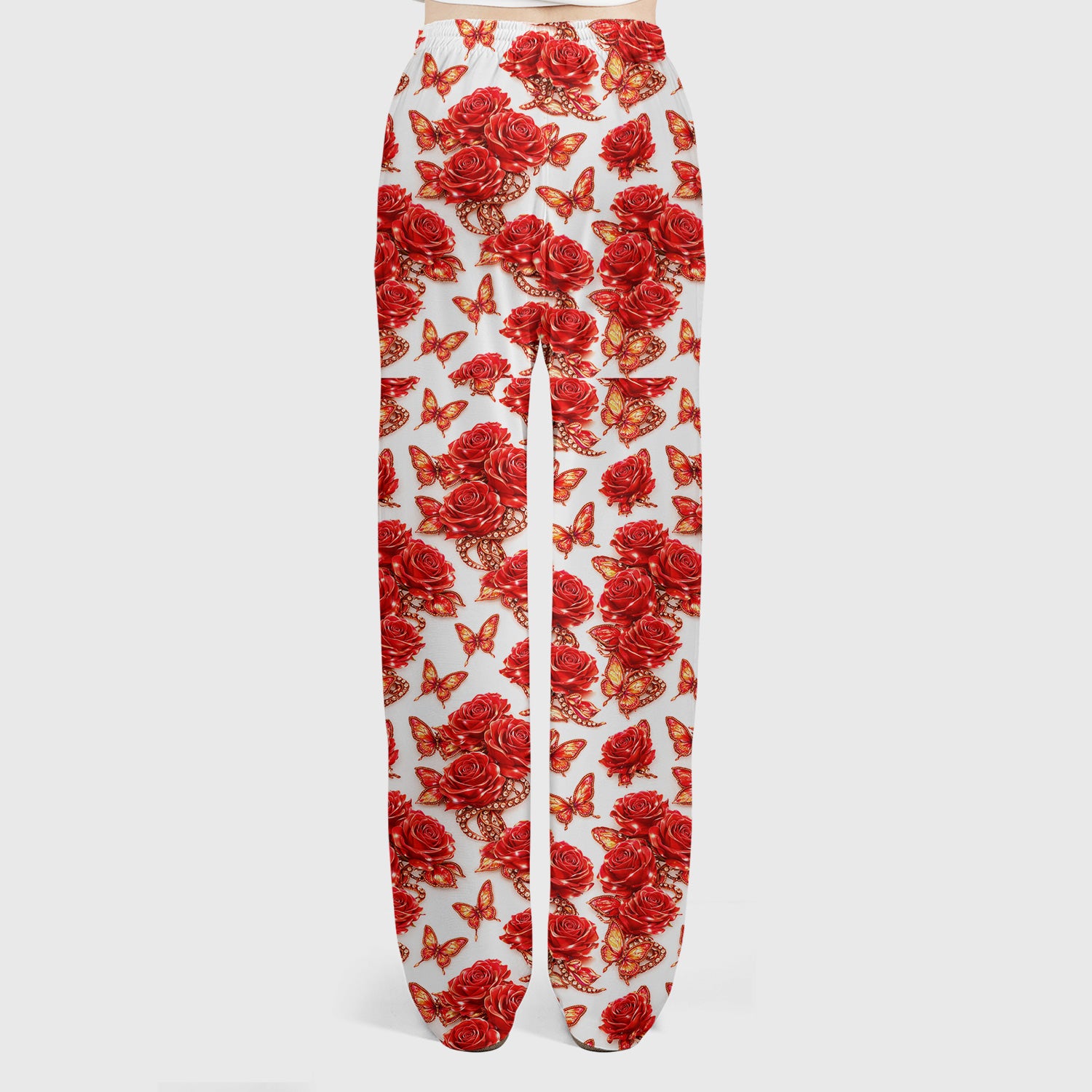 Red Rose and Butterfly Pattern Scrub Set, Comfortable Scrub Pants and V Neck Top for Nurses