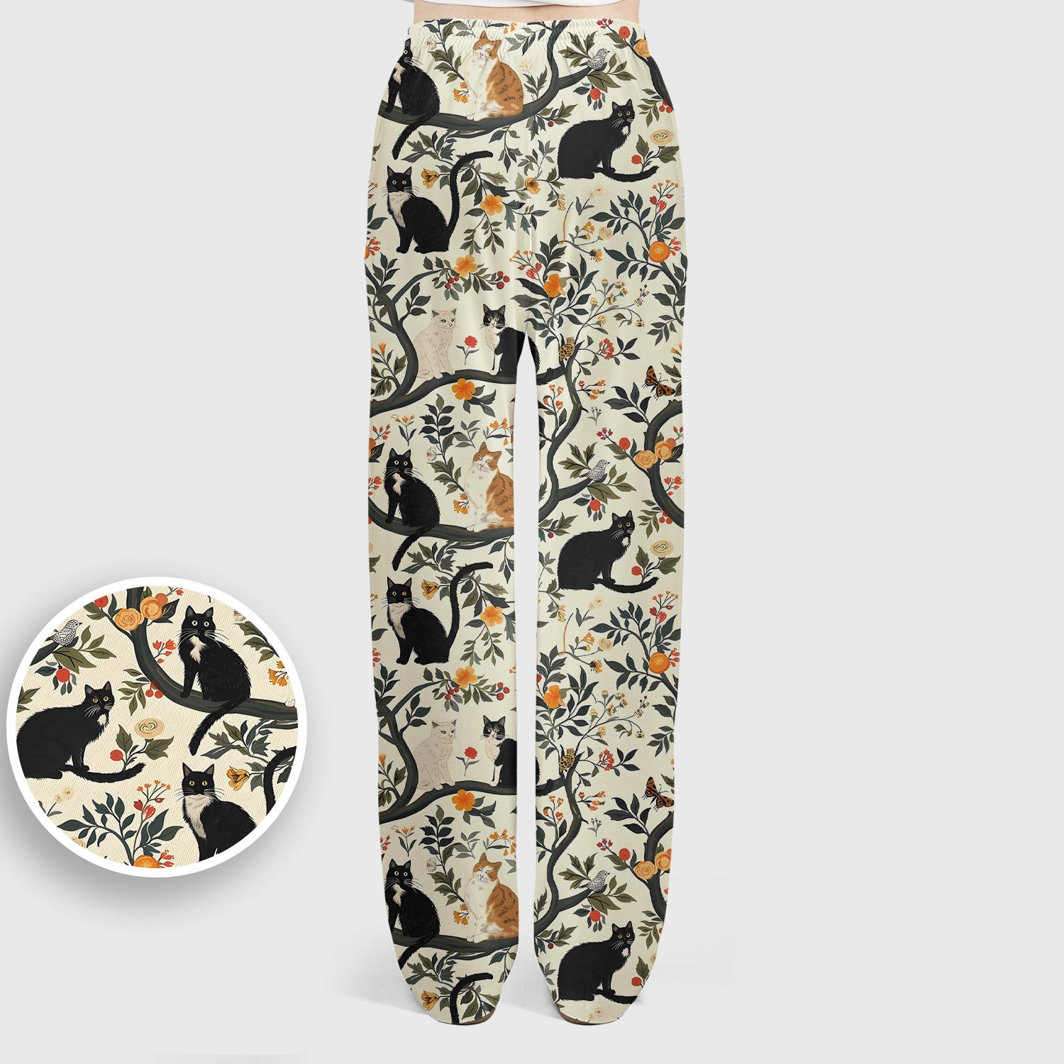 Vintage Black Cat Floral Pattern Scrub Set, Scrub Pants and V Neck Top