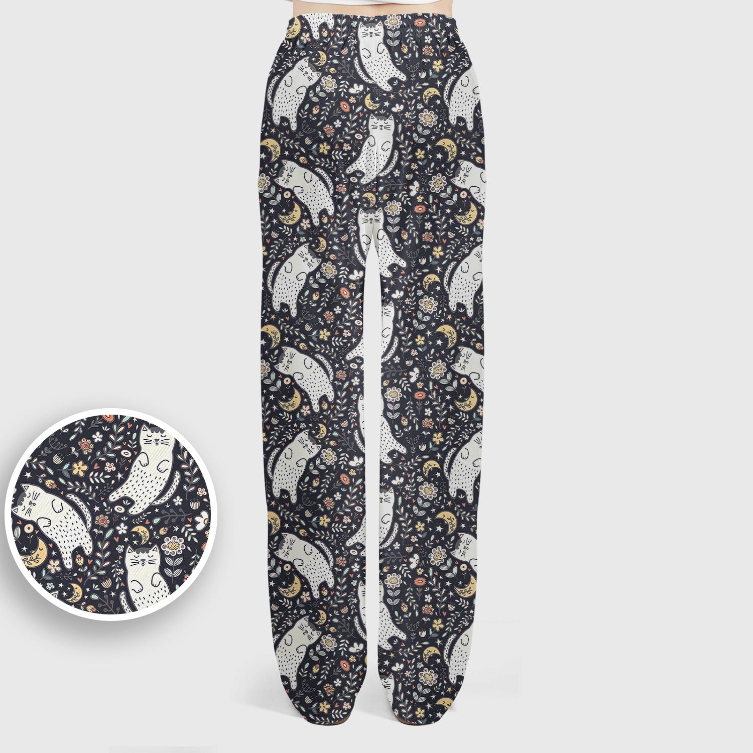 Moonlit Floral Cat Seamless Pattern Scrub Set, Scrub Pants and V Neck Top