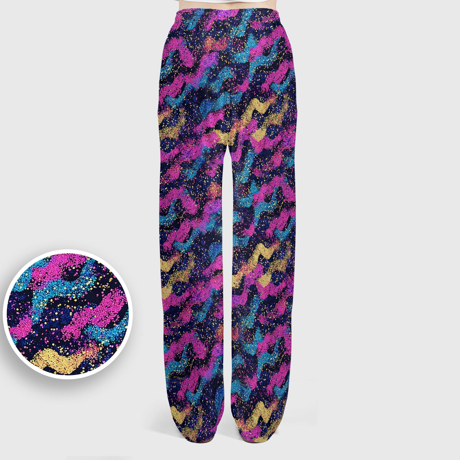 Neon Glitter Galaxy Wavy Pattern Scrub Set, Scrub Pants and V Neck Top