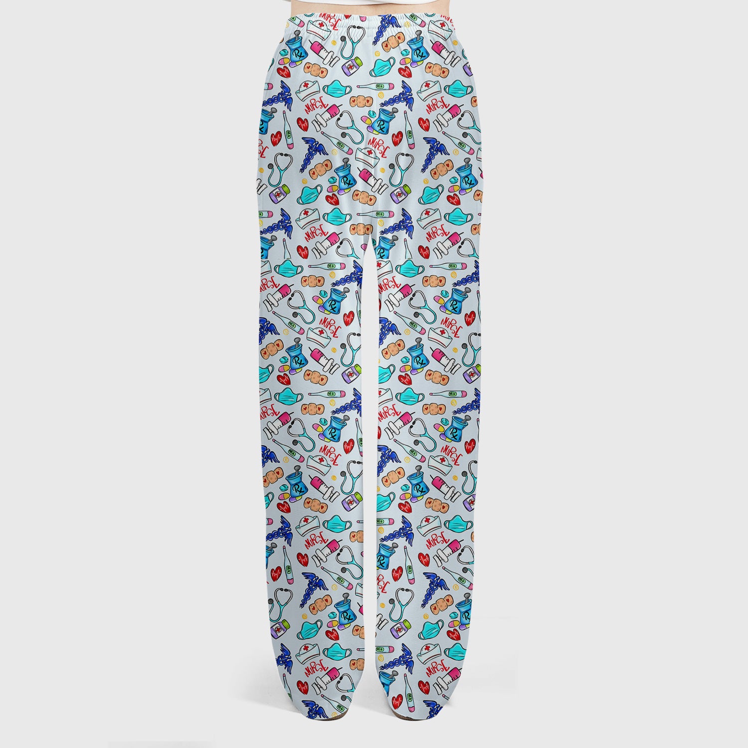 Nurse Medical Icons Stethoscope Heart Pattern Scrub Set, Scrub Pants and V Neck Top