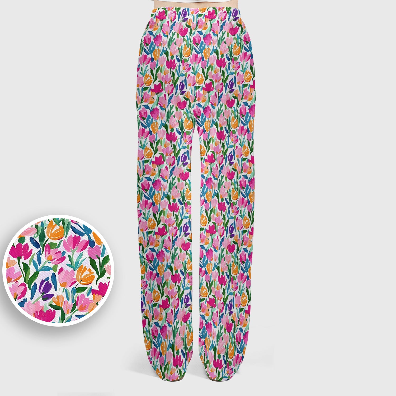 Vibrant Tulip Meadow Pattern Scrub Set, Scrub Pants and V Neck Top