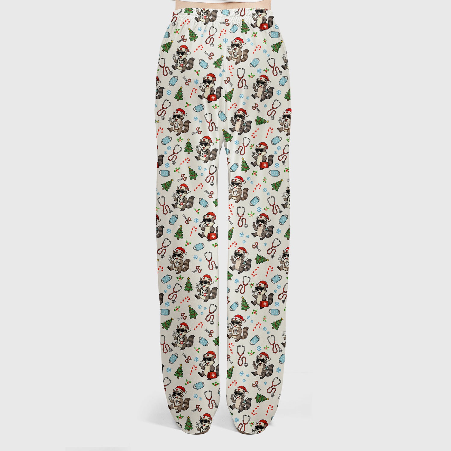 Funny Christmas Nurse Scrub Set - Raccoon Pattern with Santa Hat, Stethoscope and Tree - Cute Holiday Medical Scrubs Pants and Top Gift for RN CNA LPN