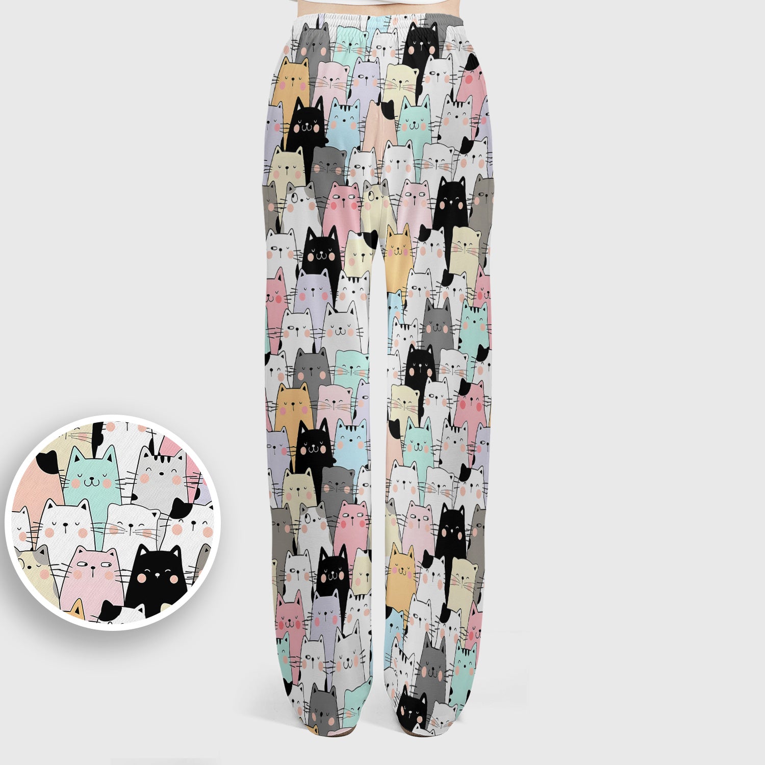Playful Cartoon Cat Crowd Pattern Scrub Set, Scrub Pants and V Neck Top