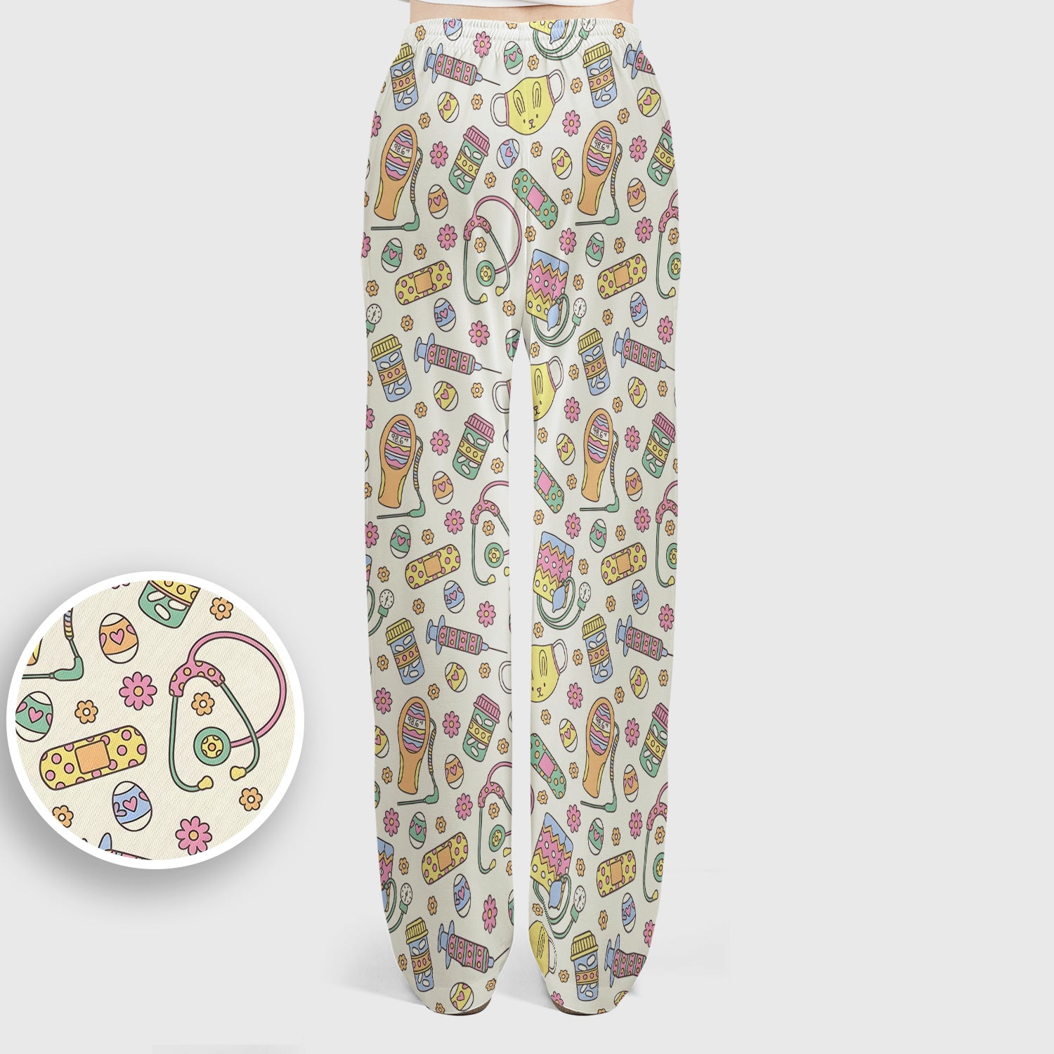 Easter Nurse Bunny Medical Pattern Scrub Set, Scrub Pants and V Neck Top