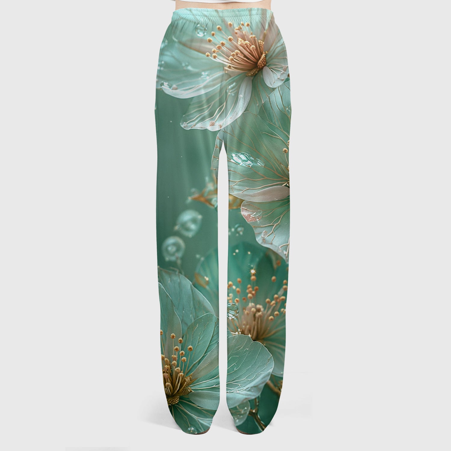 Elegant Mint Blossom Dewdrop Pattern Scrub Set, Scrub Pants and V Neck Top