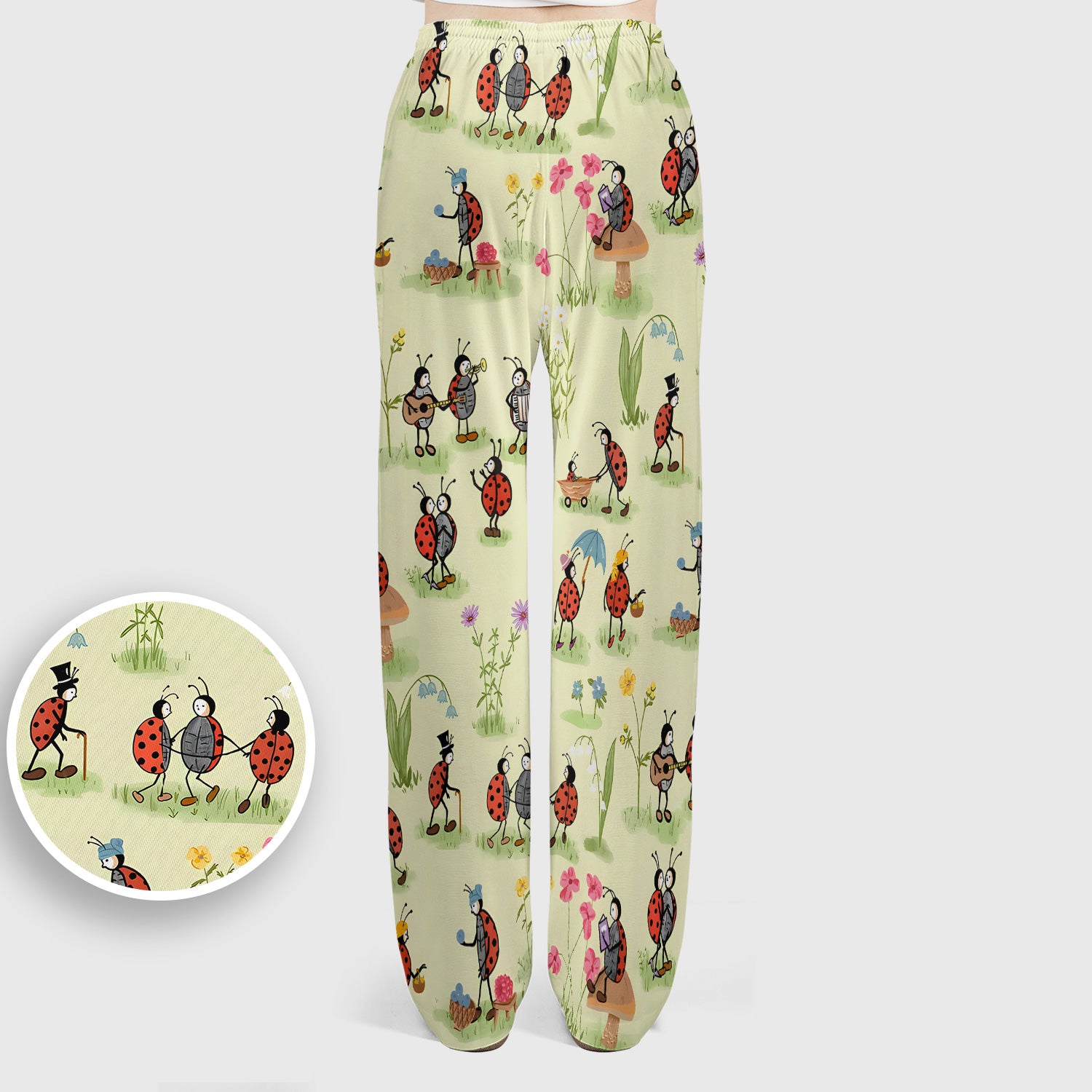 Whimsical Ladybug Garden Activity Pattern Scrub Set, Scrub Pants and V Neck Top