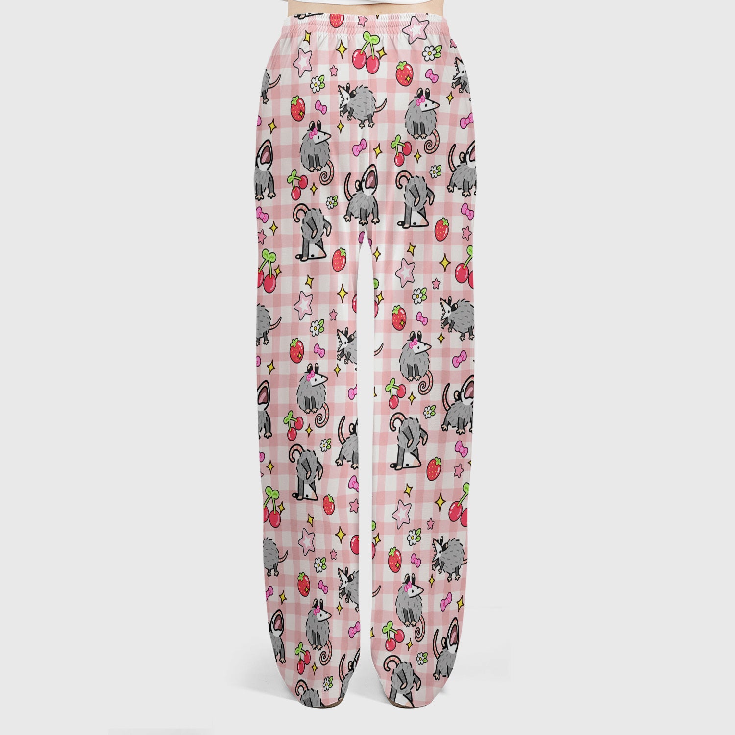 Cute Opossum And Cherries Gingham Pattern Scrub Set, Scrub Pants and V Neck Top