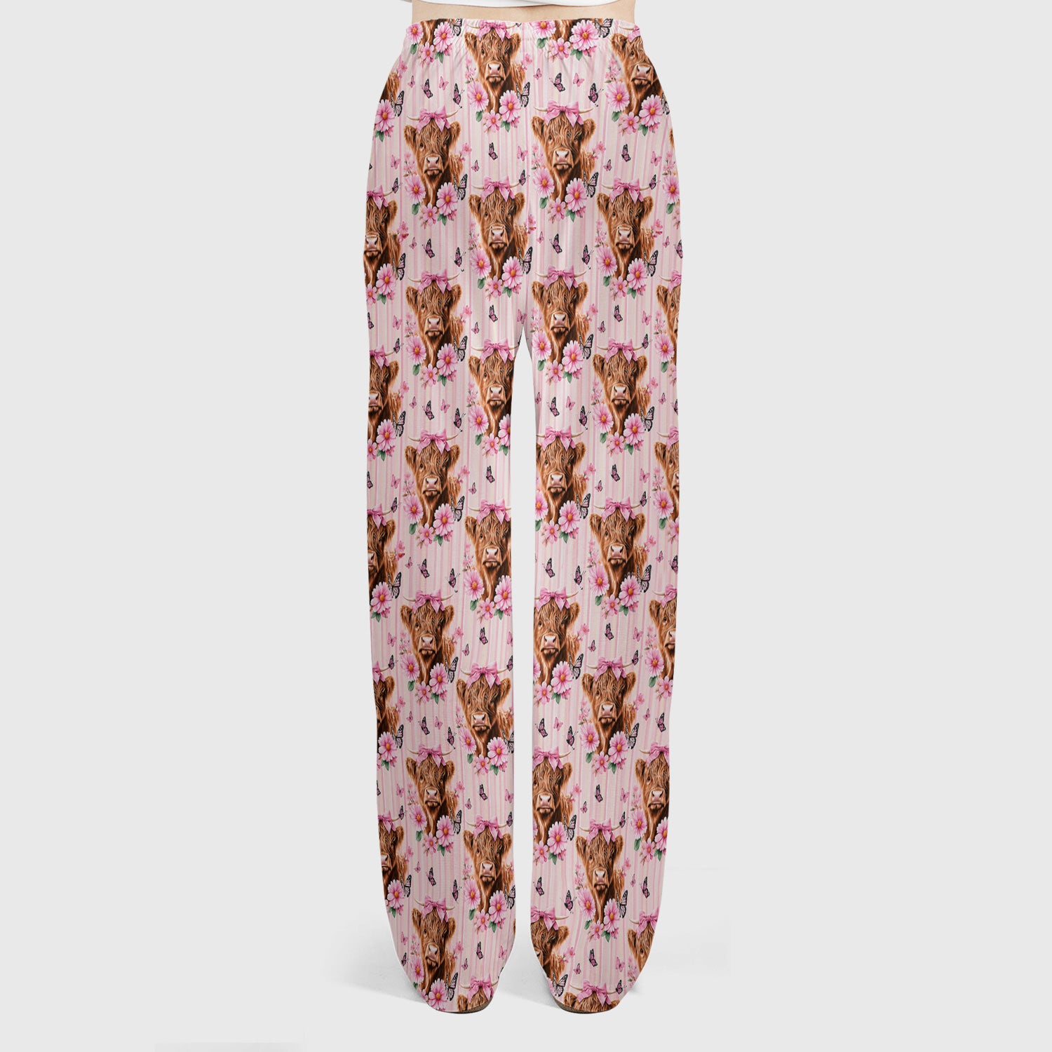Pink Highland Cow Floral Scrub Set, Scrub Pants and V Neck Top