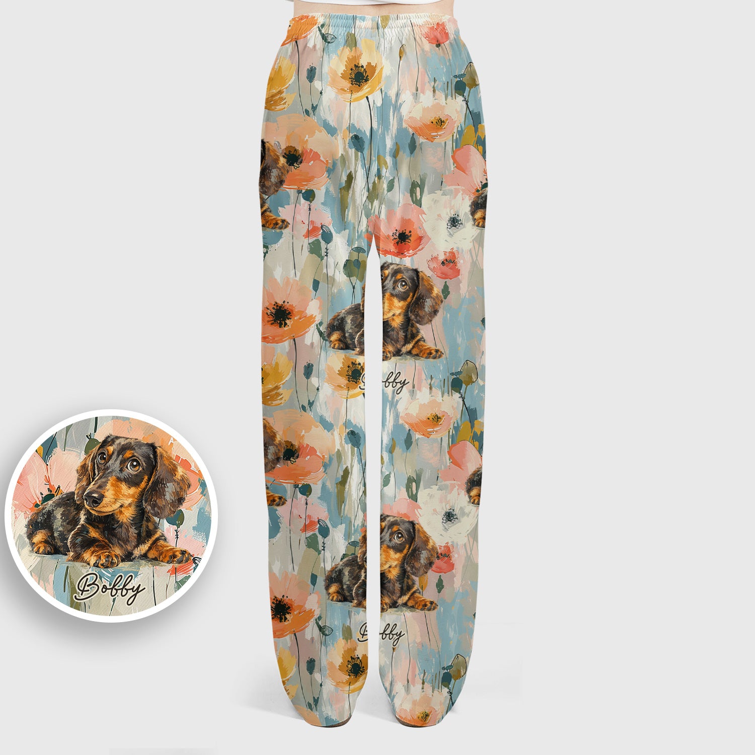 Personalized Dachshund Floral Portrait Pattern Scrub Set, Scrub Pants and V Neck Top