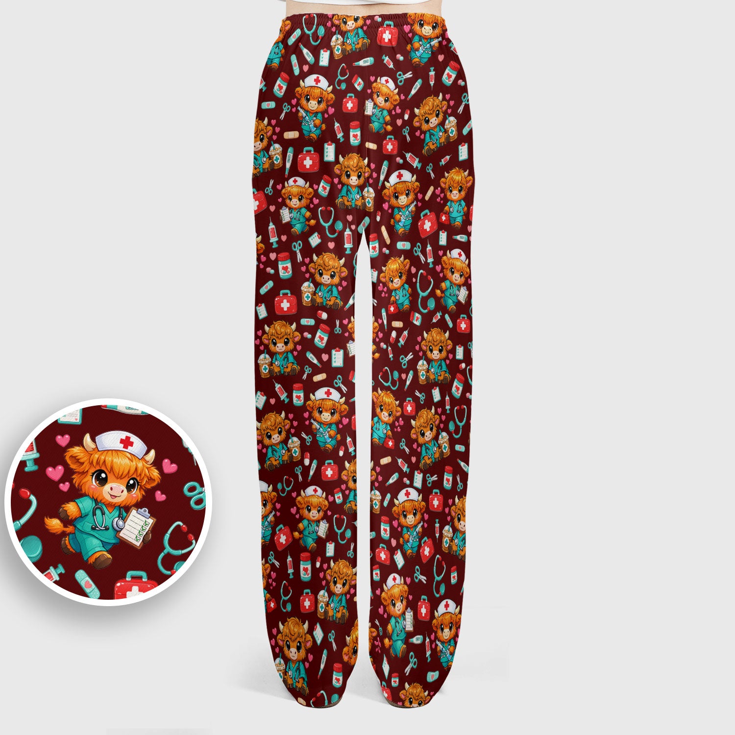 Cute Highland Cow Nurse Scrub Set, Kawaii Medical Pattern Shirt, Breathable Fabrics Nursing Uniform