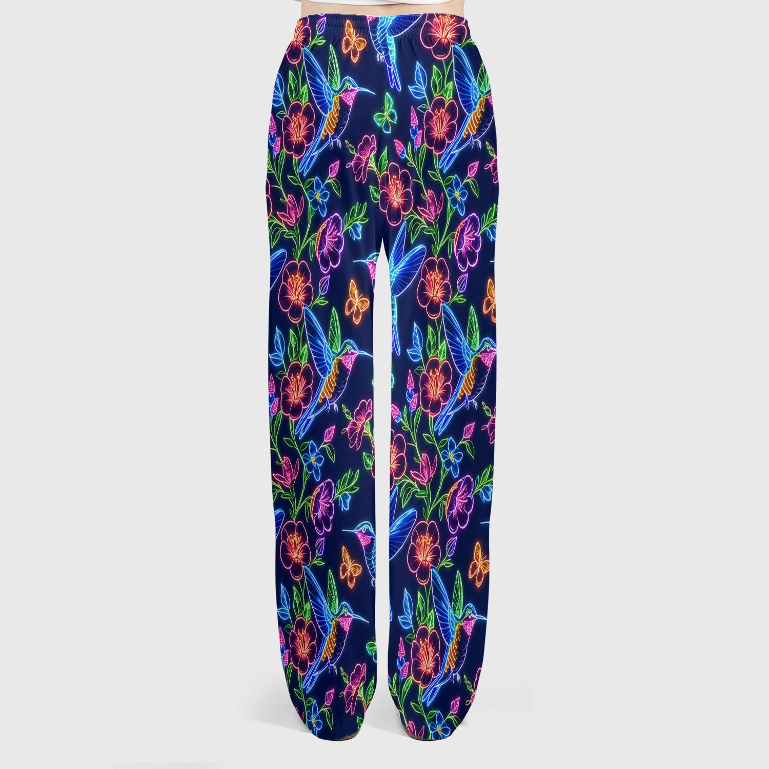 Neon Hummingbird Floral Garden Pattern Scrub Set, Scrub Pants and V Neck Top