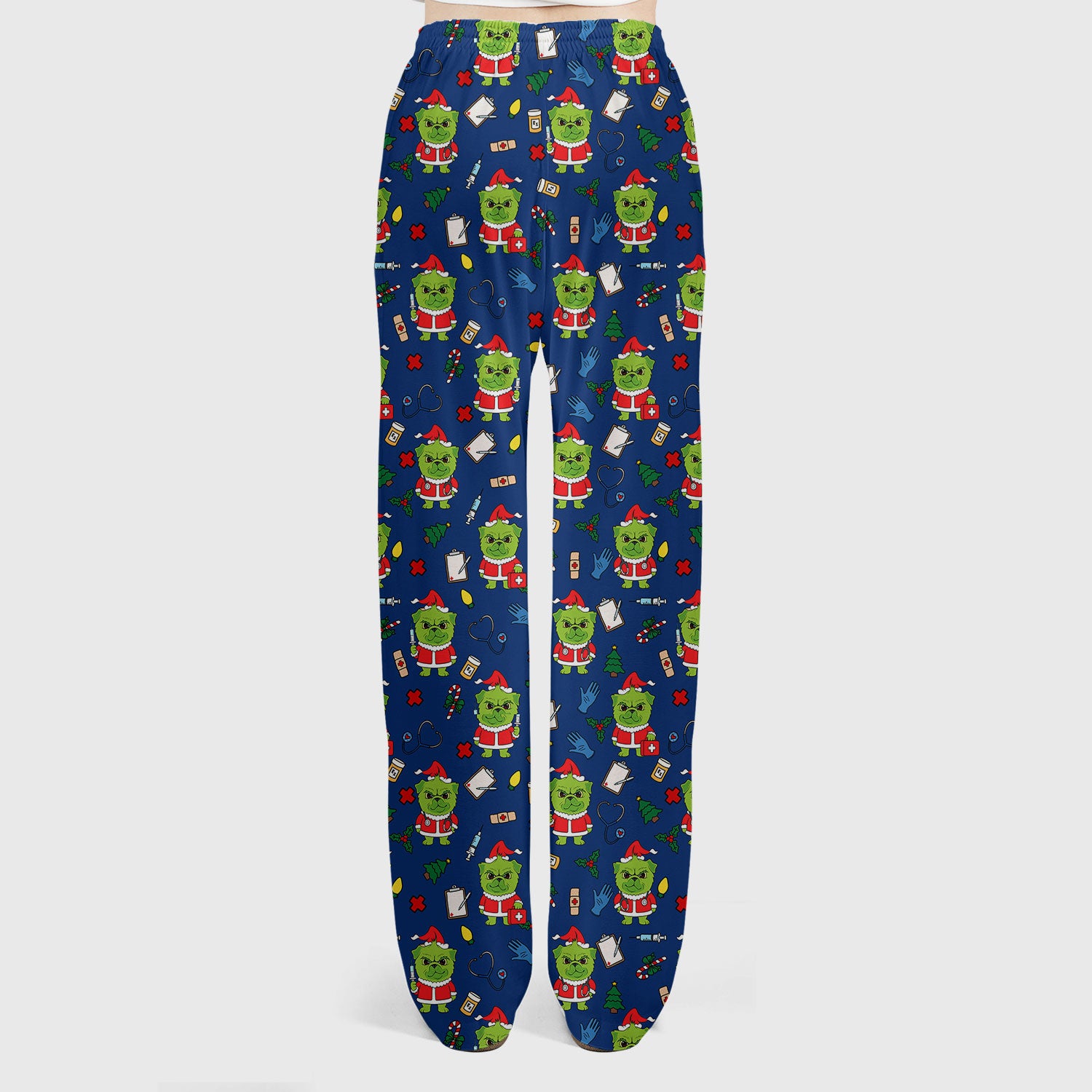 Funny Nurse Christmas Scrubs Set - Grumpy Dog Pattern with Medical Tools - Festive Holiday Scrub Top and Pants for Women