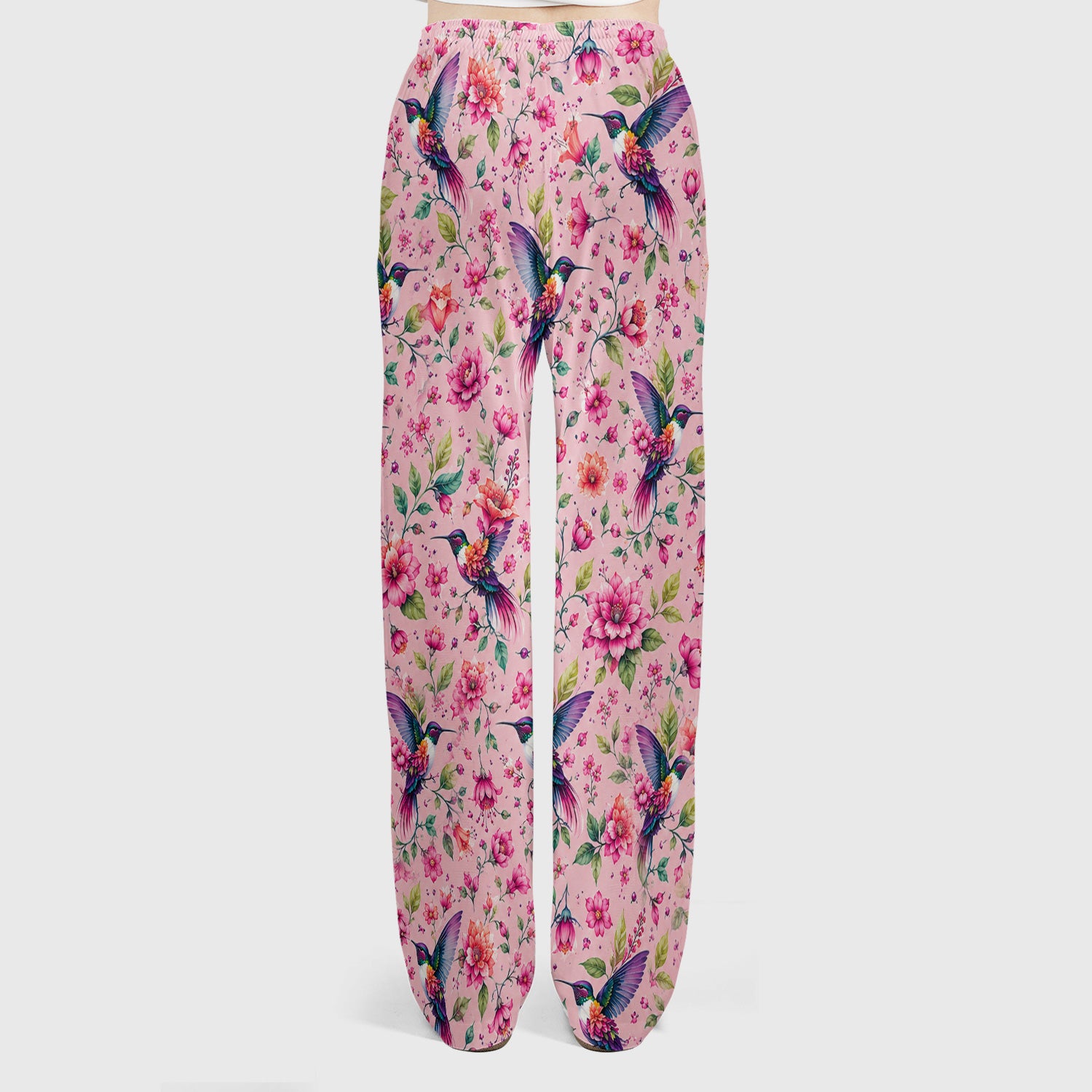 Pink Hummingbird Floral Garden Pattern Scrub Set, Scrub Pants and V Neck Top