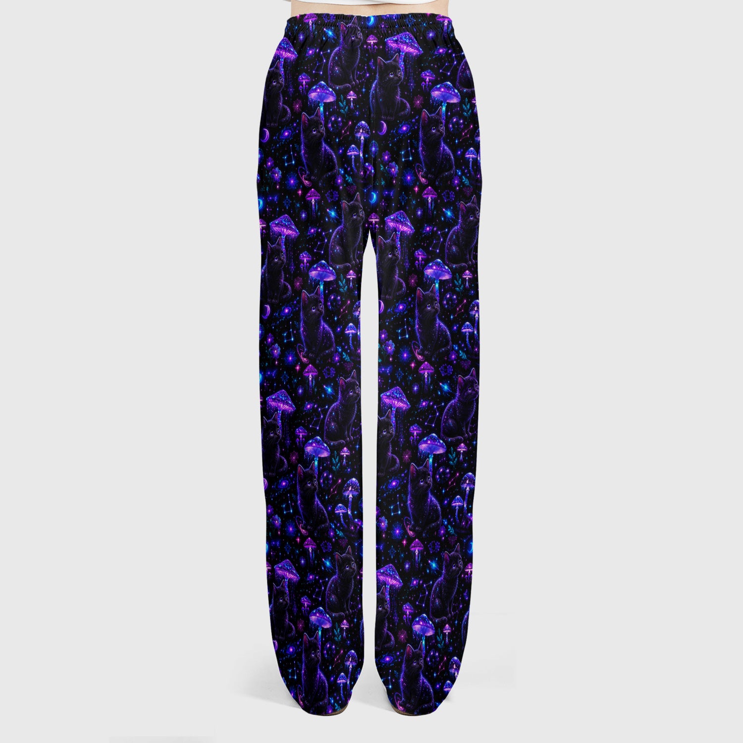 Mystical Black Cat Neon Mushroom Print Scrub Set, Scrub Pants and V Neck Top