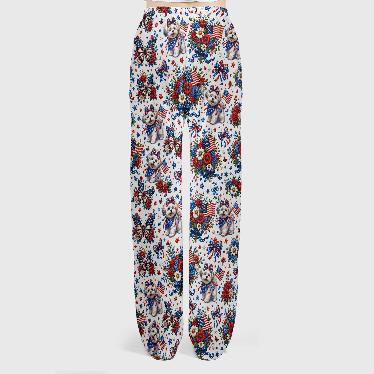 Patriotic Puppy Floral Bouquet Pattern Scrub Set, Scrub Pants and V Neck Top