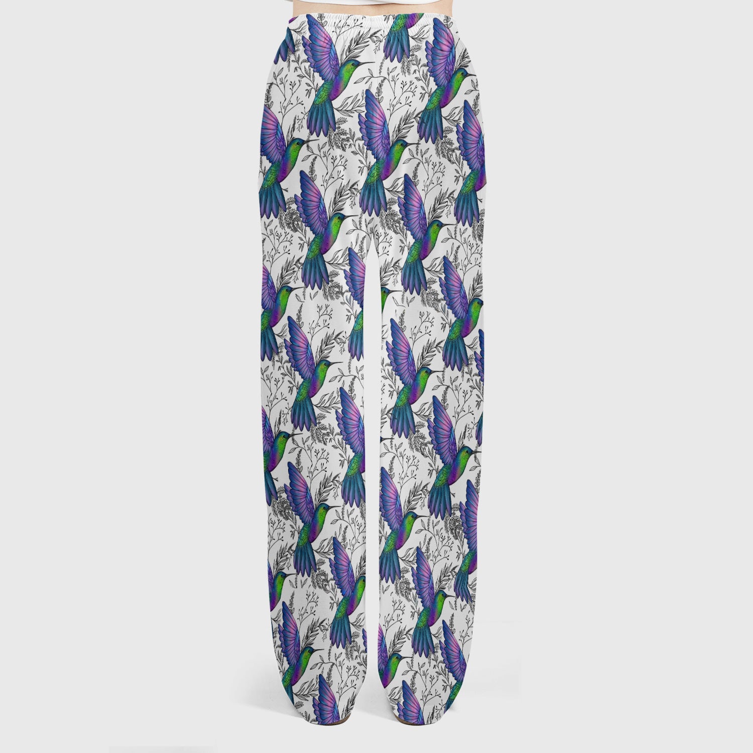 Colorful Hummingbird Flying Botanical Pattern Scrub Set, Scrub Pants and V Neck Top