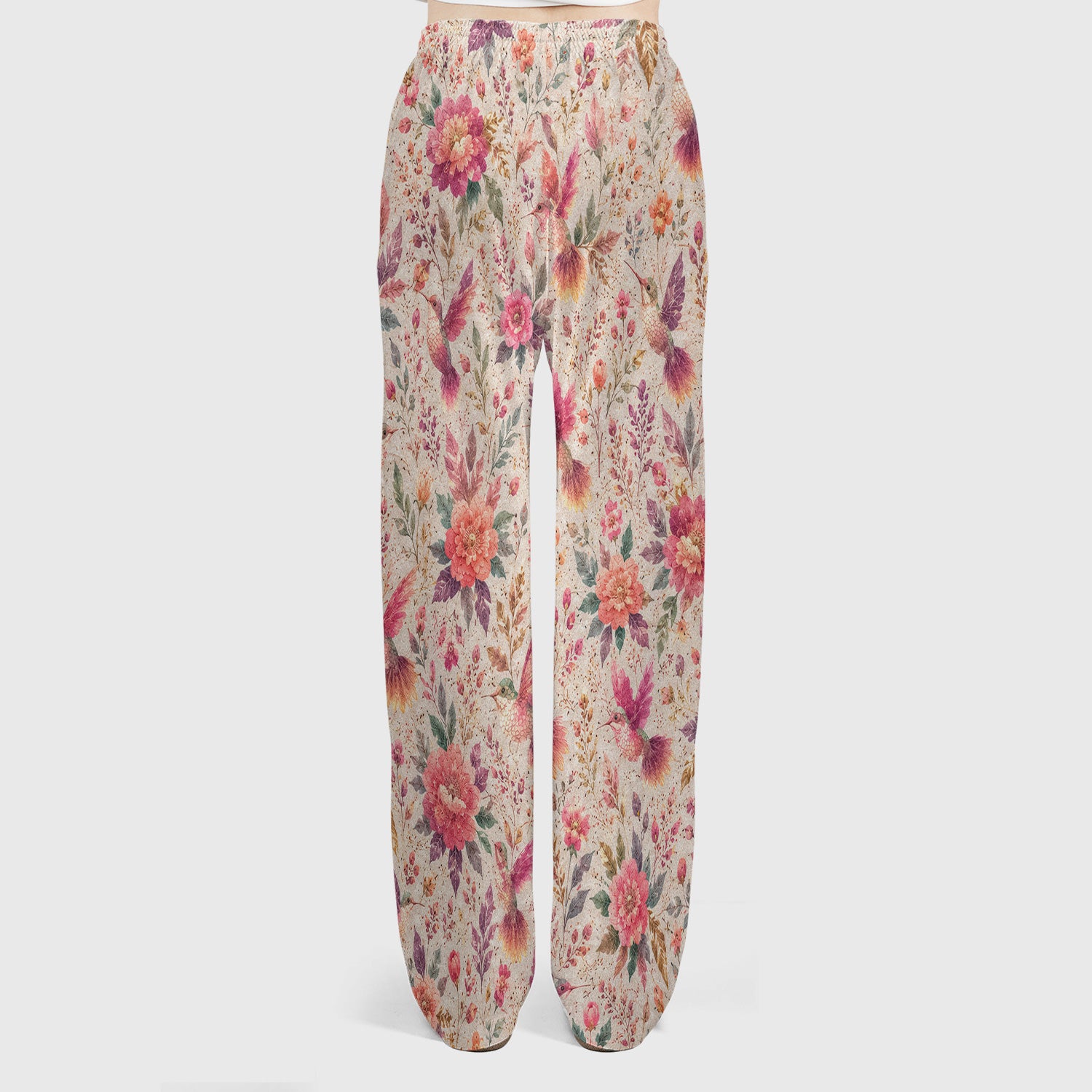 Hummingbird Floral Garden Pattern Scrub Set, Scrub Pants and V Neck Top