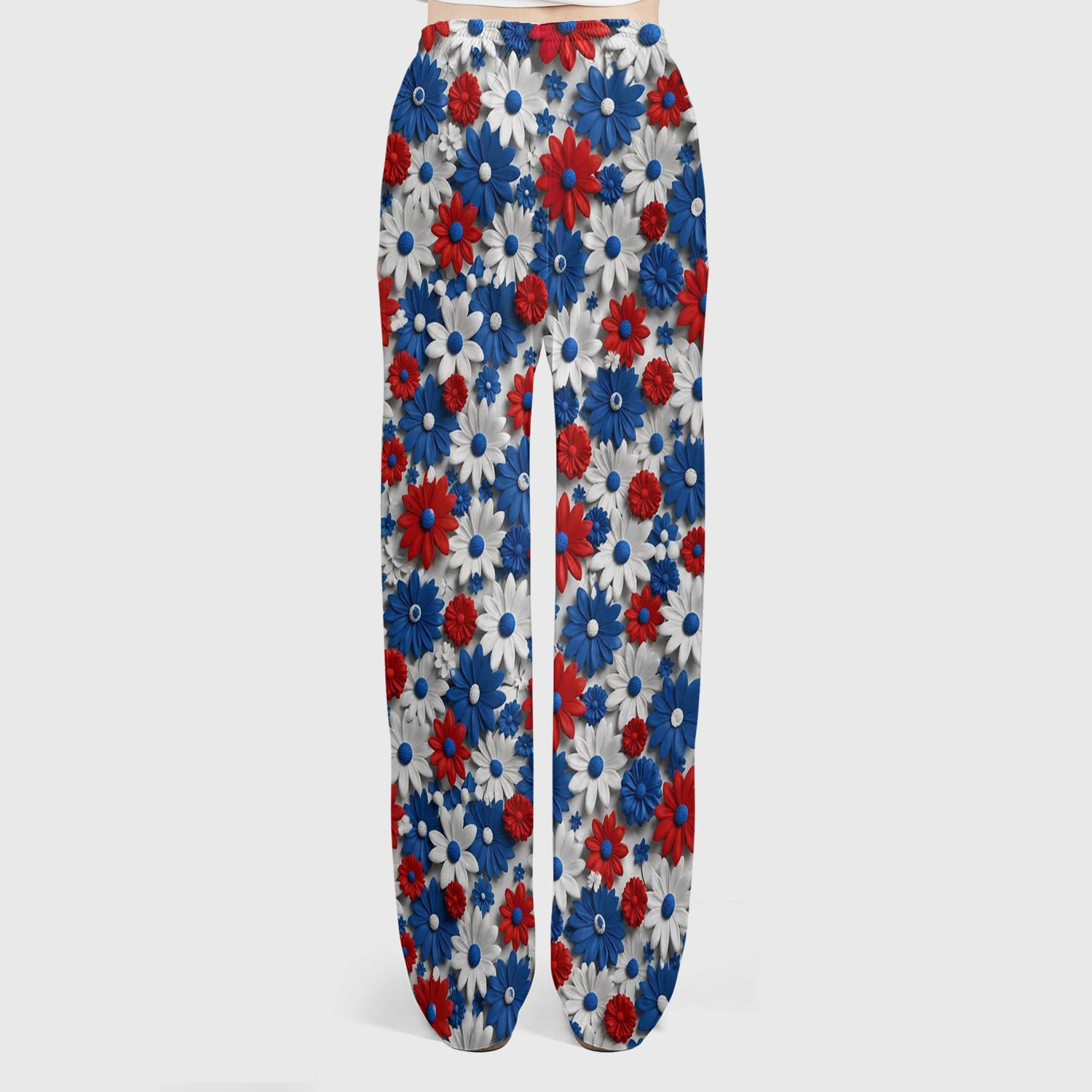 Patriotic Red Blue Daisy Floral Pattern Scrub Set, Scrub Pants and V Neck Top