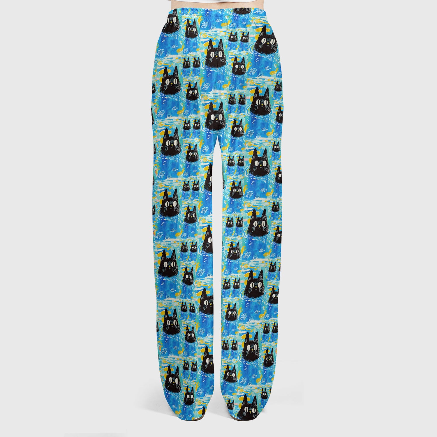 Black Cat Swimming In Blue Water Pattern Scrub Set, Scrub Pants and V Neck Top