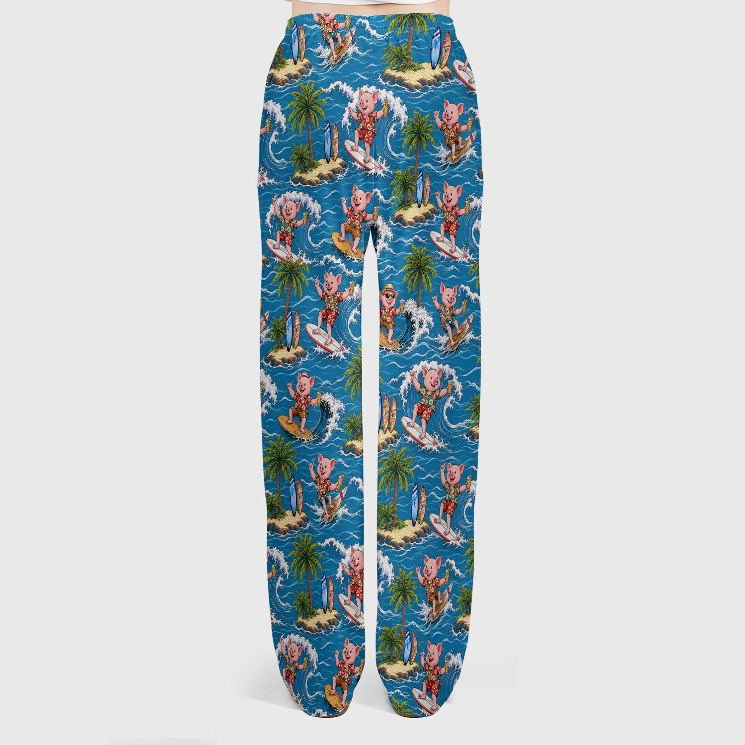 Tropical Surfing Pig Island Pattern Scrub Set, Scrub Pants and V Neck Top