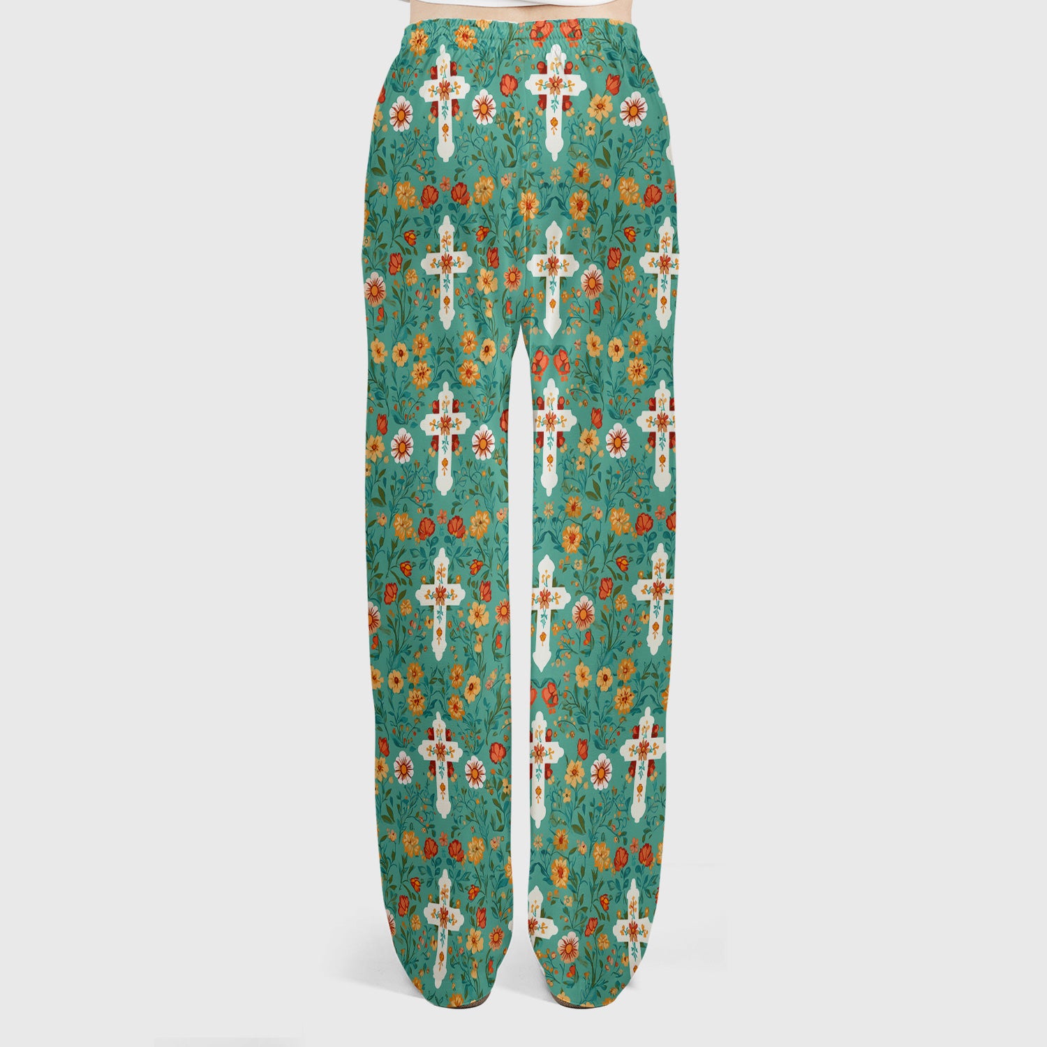 Christian Faith Floral Cross Pattern Scrub Set, Scrub Pants and V Neck Top