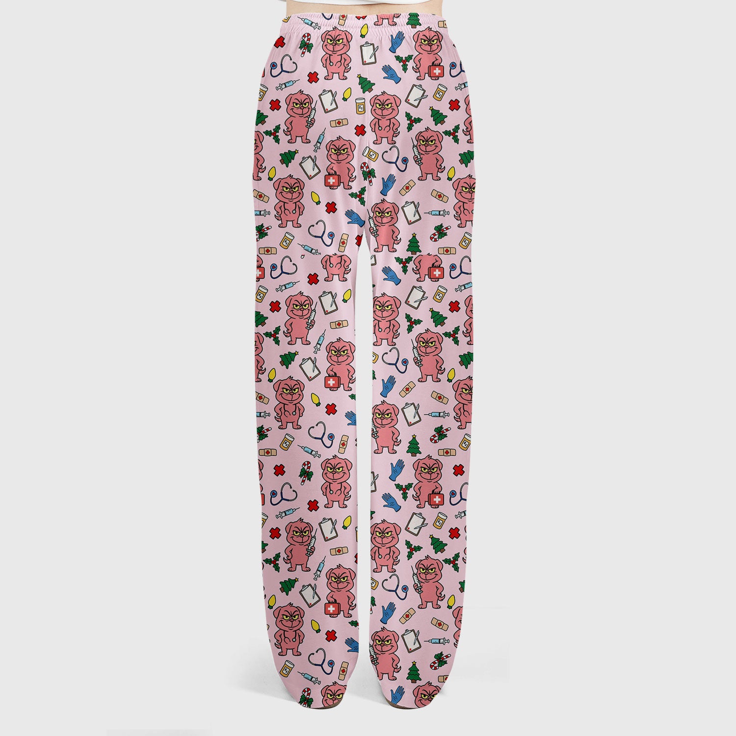 Christmas Scrub Set for Nurses - Funny Pink Dog Pattern - Holiday Nurse Scrubs with Tree, Bandage and Stethoscope Print