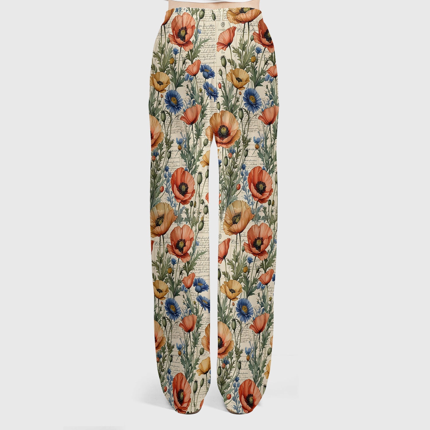 Vintage Poppy Wildflower Script Print Scrub Set, Scrub Pants and V Neck Top