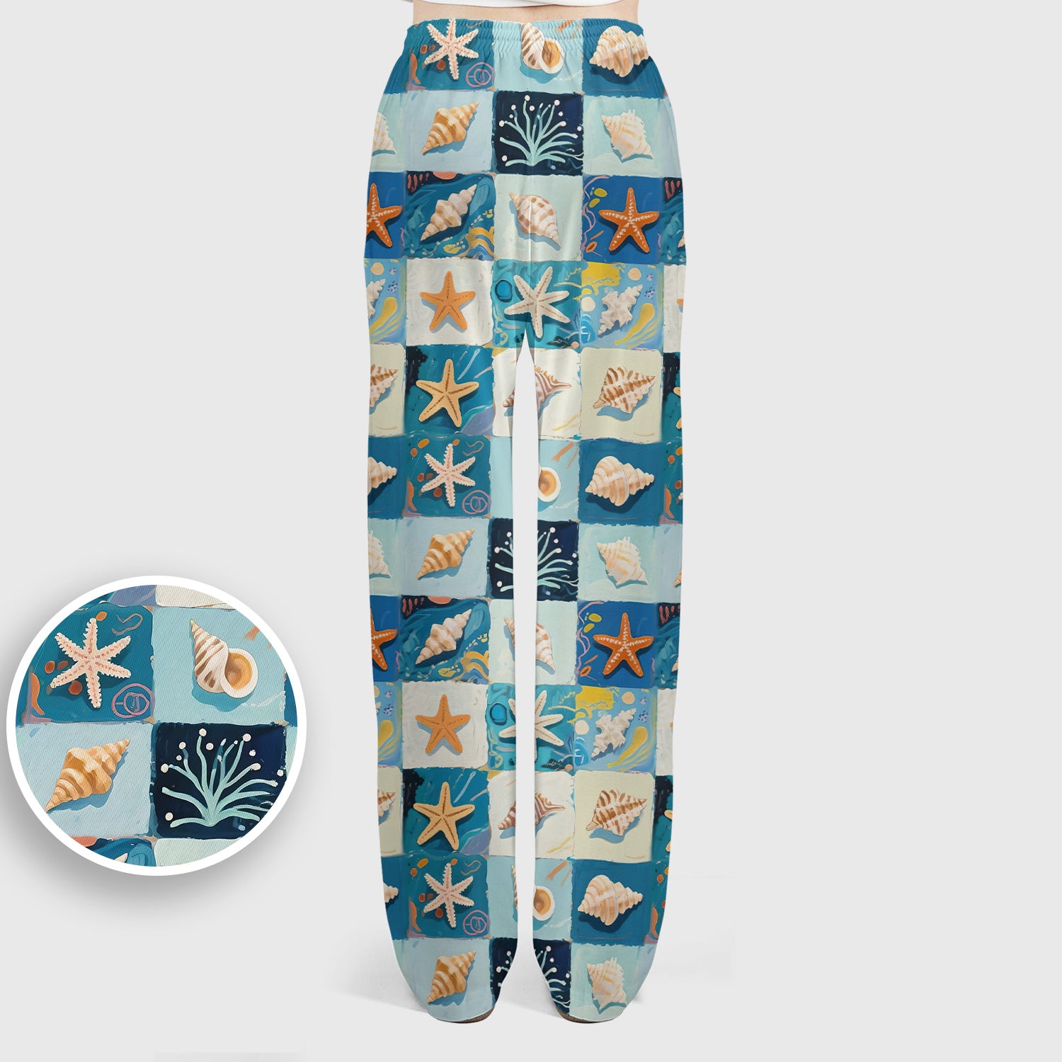 Cute Seashell Starfish Ocean Tile Pattern Scrub Set, Scrub Pants and V Neck Top