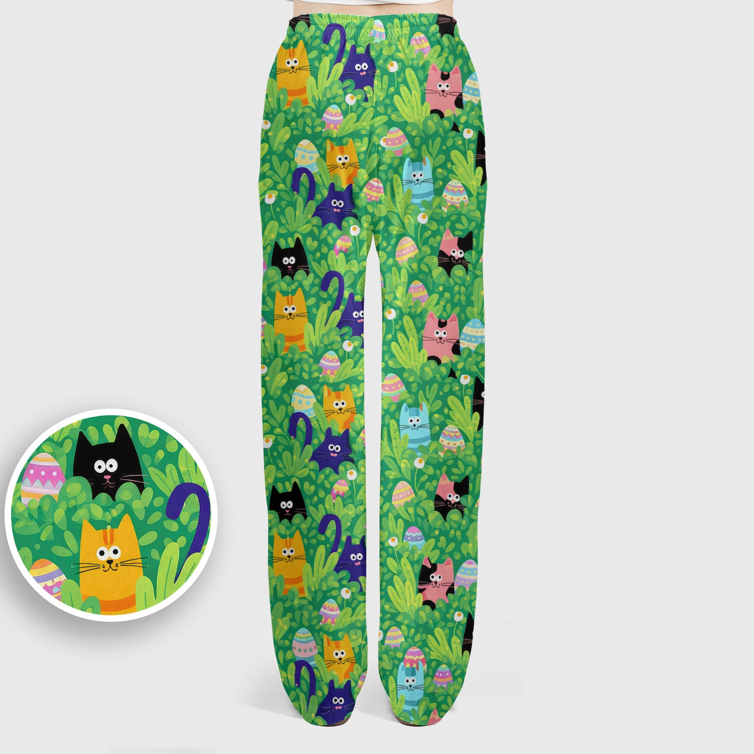 Colorful Easter Cats Green Leaves Print Scrub Sets, Scrub Pants and V Neck Top