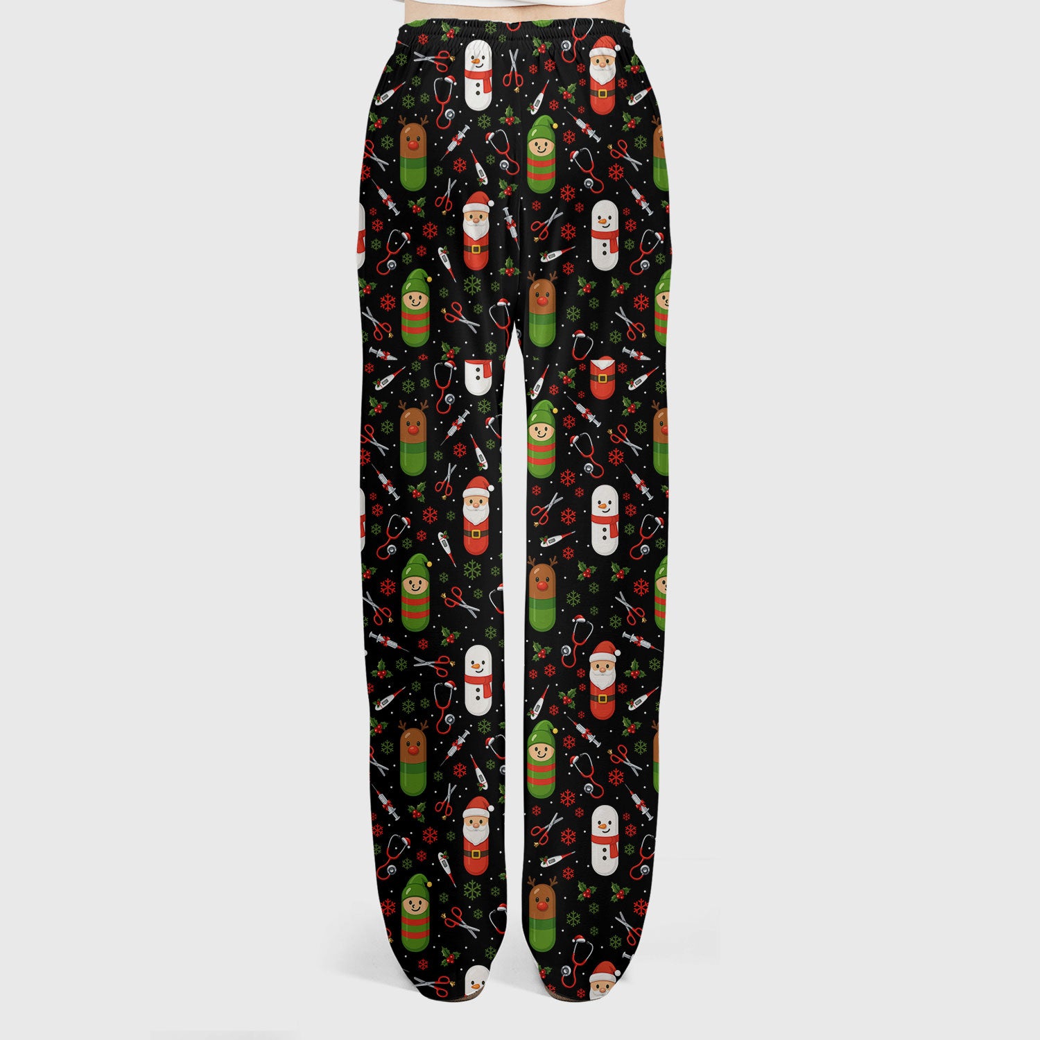 Santa Christmas Scrubs Set - Cute Holiday Pattern with Reindeer and Snowman - Fun Medical Scrub Top and Pants for Women Nurses