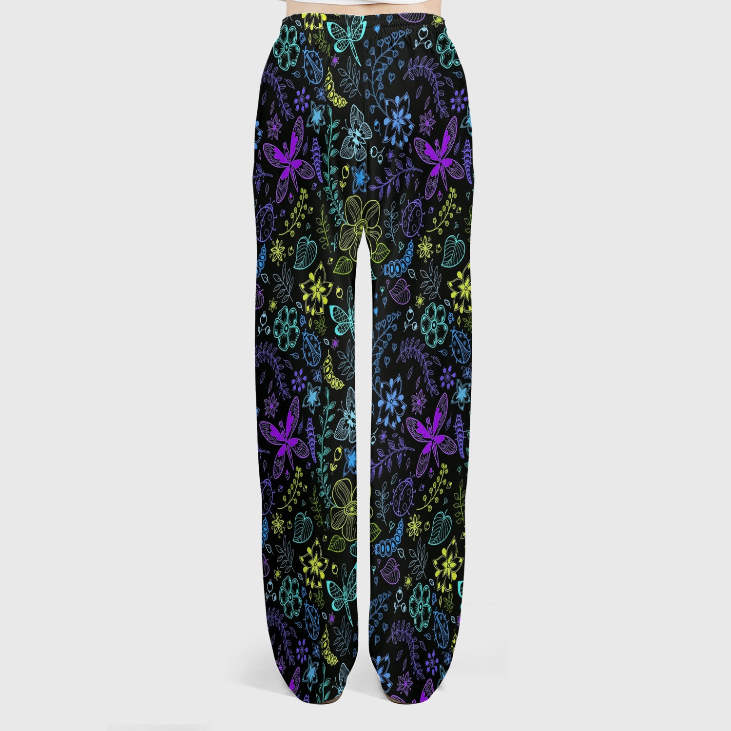 Neon Butterfly and Floral Garden Pattern Scrub Set, Scrub Pants and V Neck Top